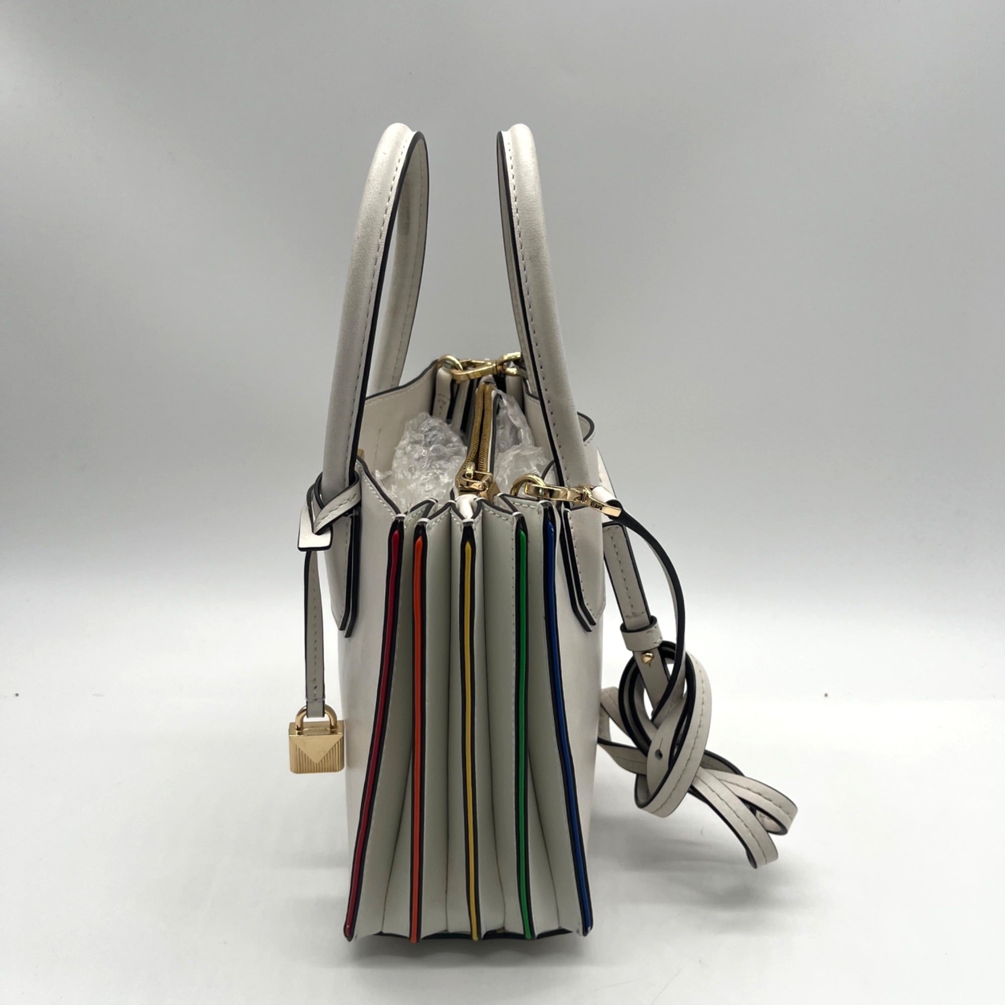 Michael Kors White Mercer Rainbow Trim Crossbody Tote