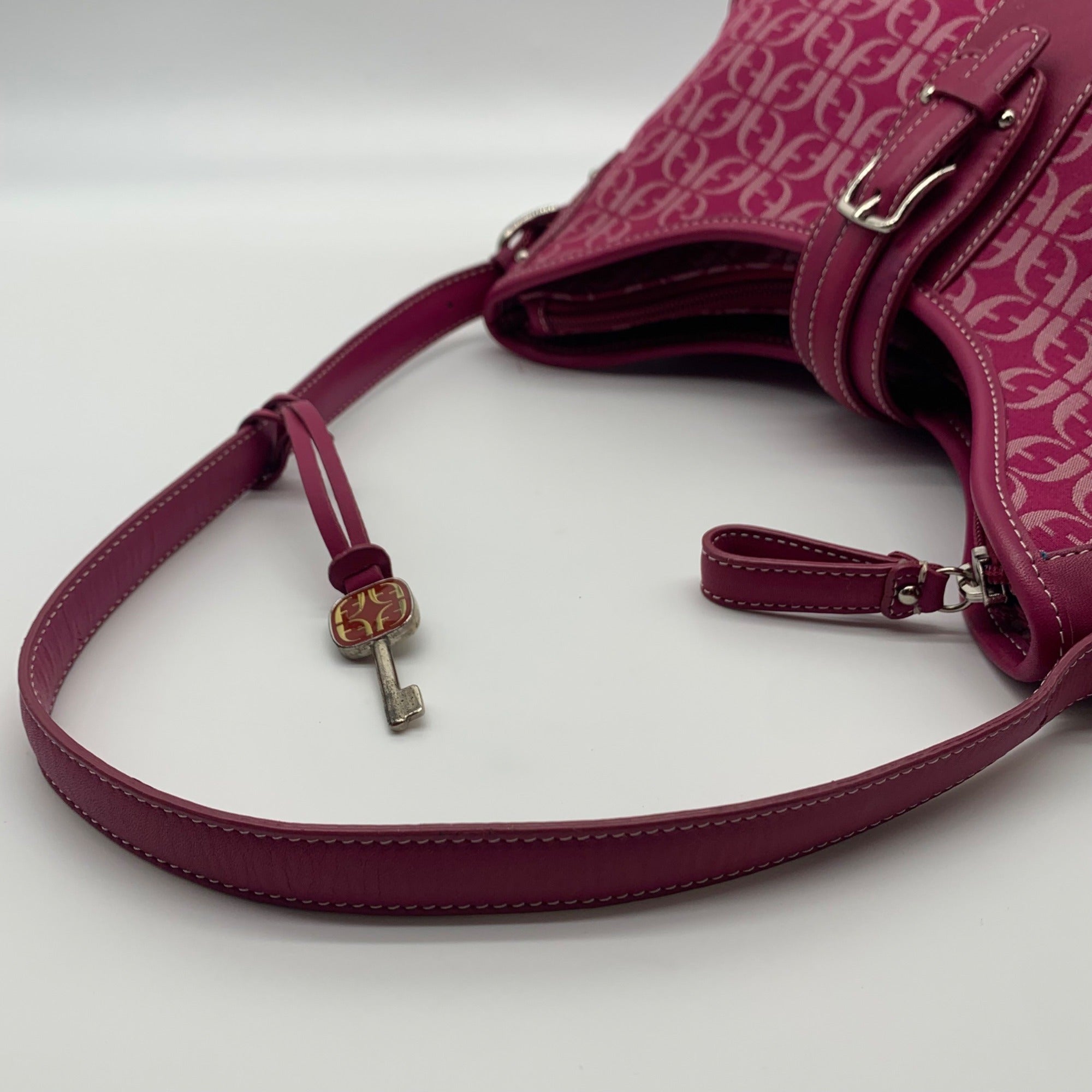 Fossil Pink Monogram Jacquard Triple Compartment Shoulder Bag