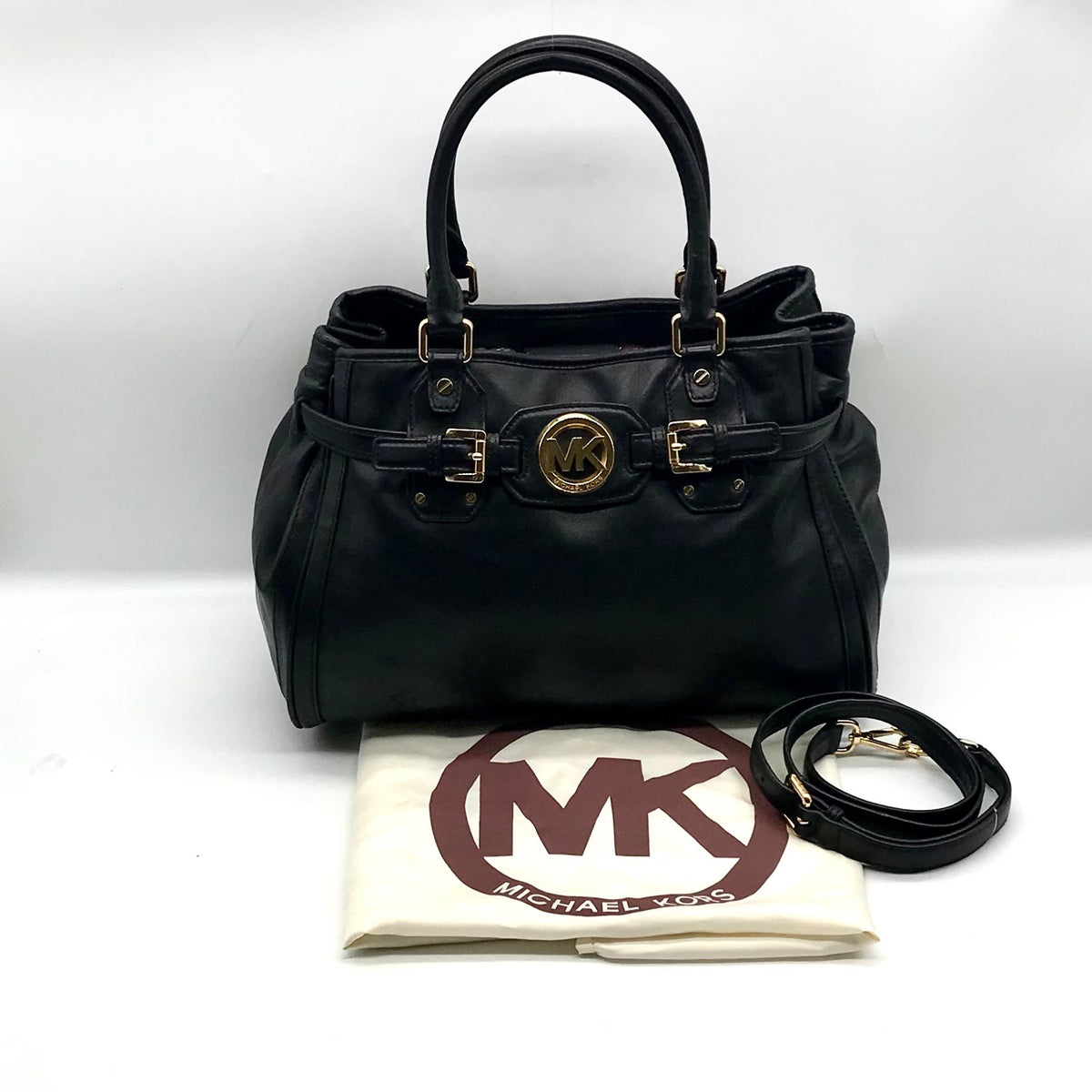 Michael Kors Black Leather Belted Hudson Convertible Shoulder Bag