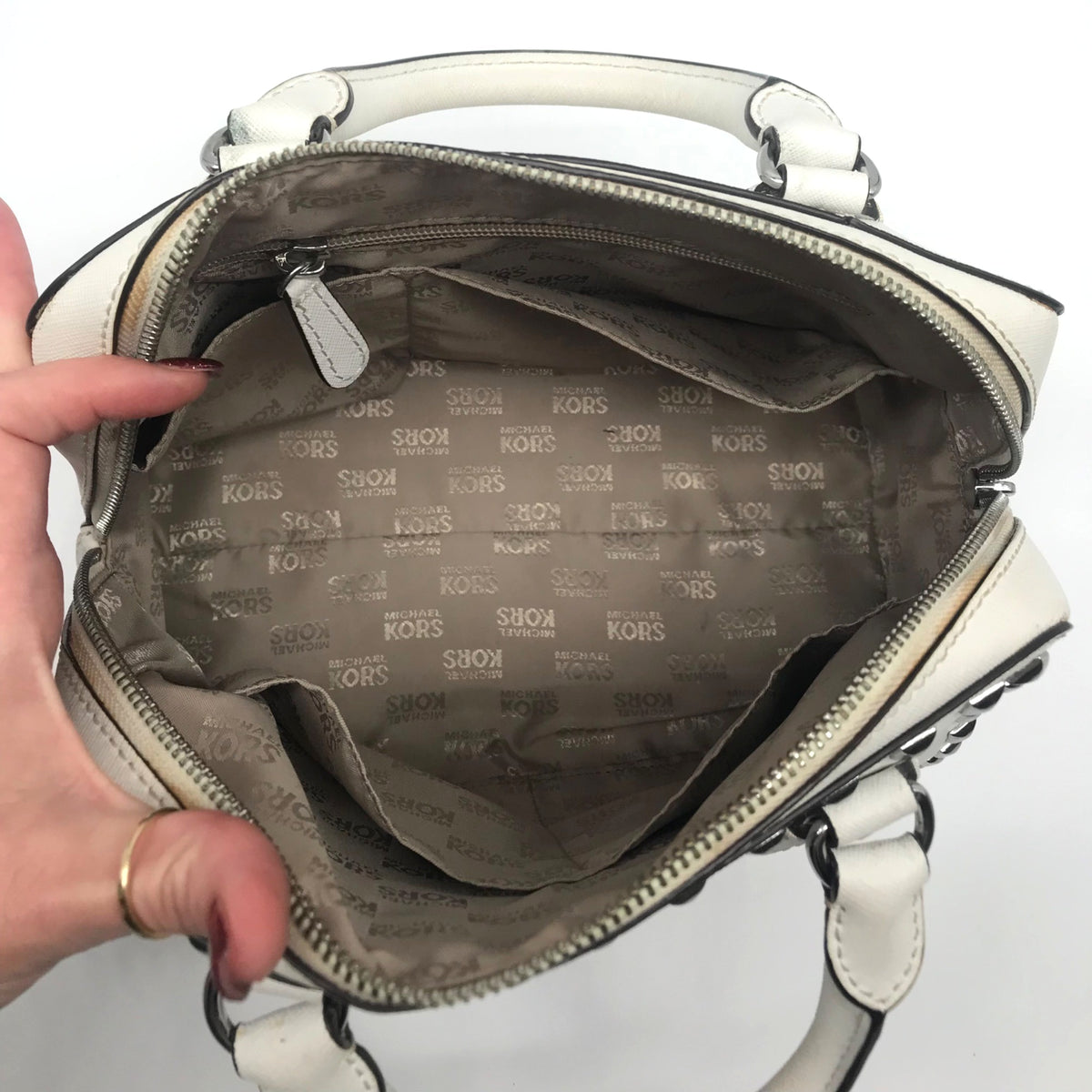 Michael Kors White Saffiano Leather Studded Satchel