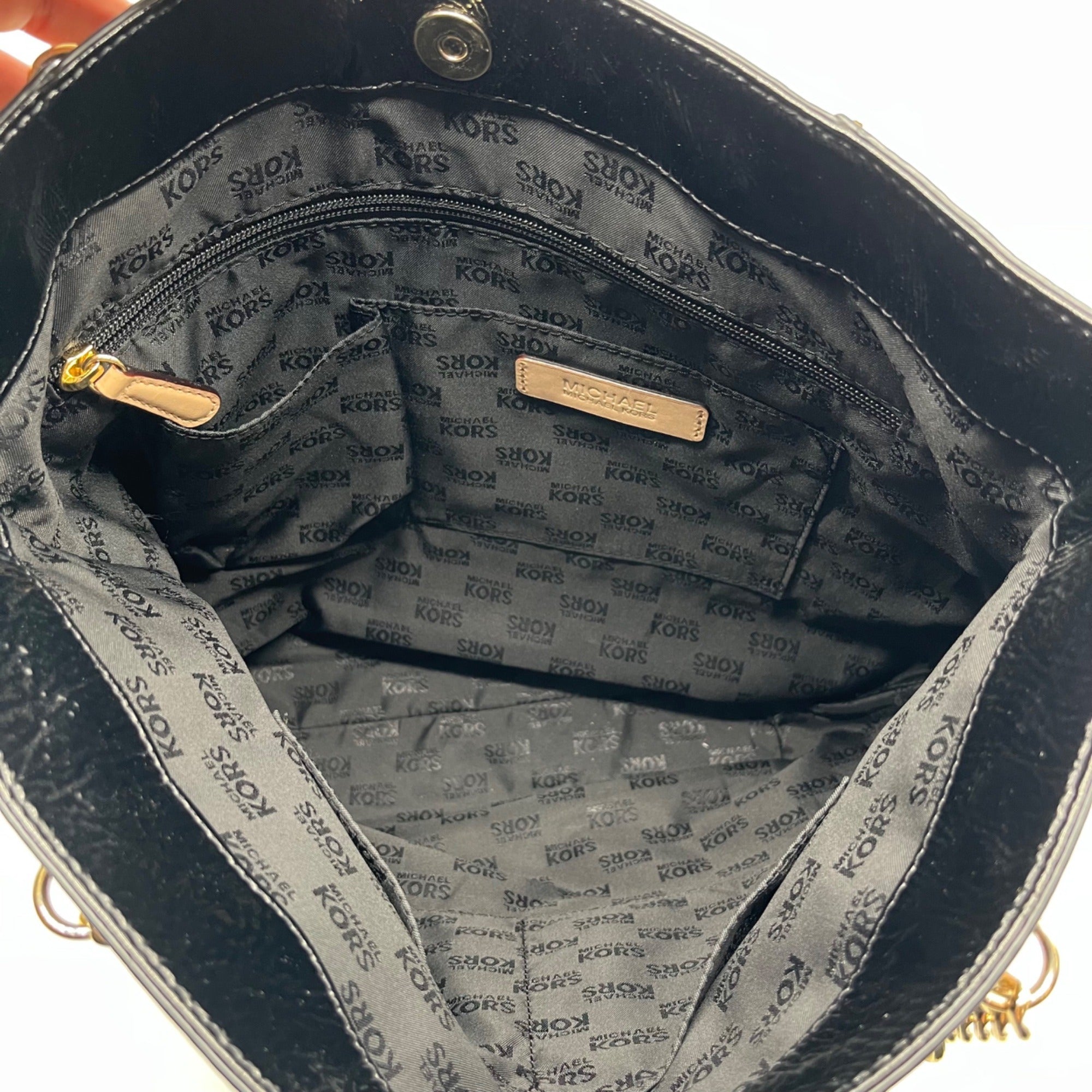 Michael Kors Black Monogram Patent Leather Jet Set Tote Bag