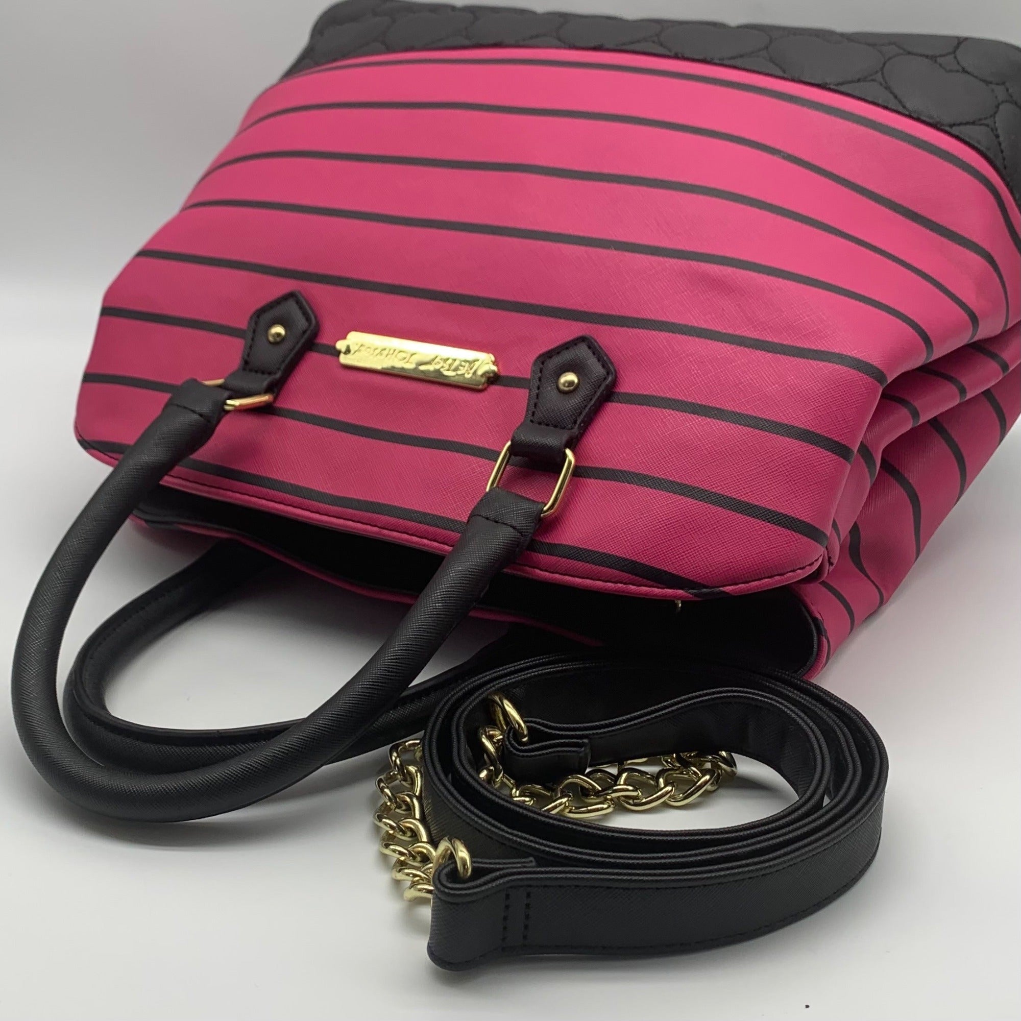 Betsey Johnson Pink &amp; Black Striped Crossbody Satchel