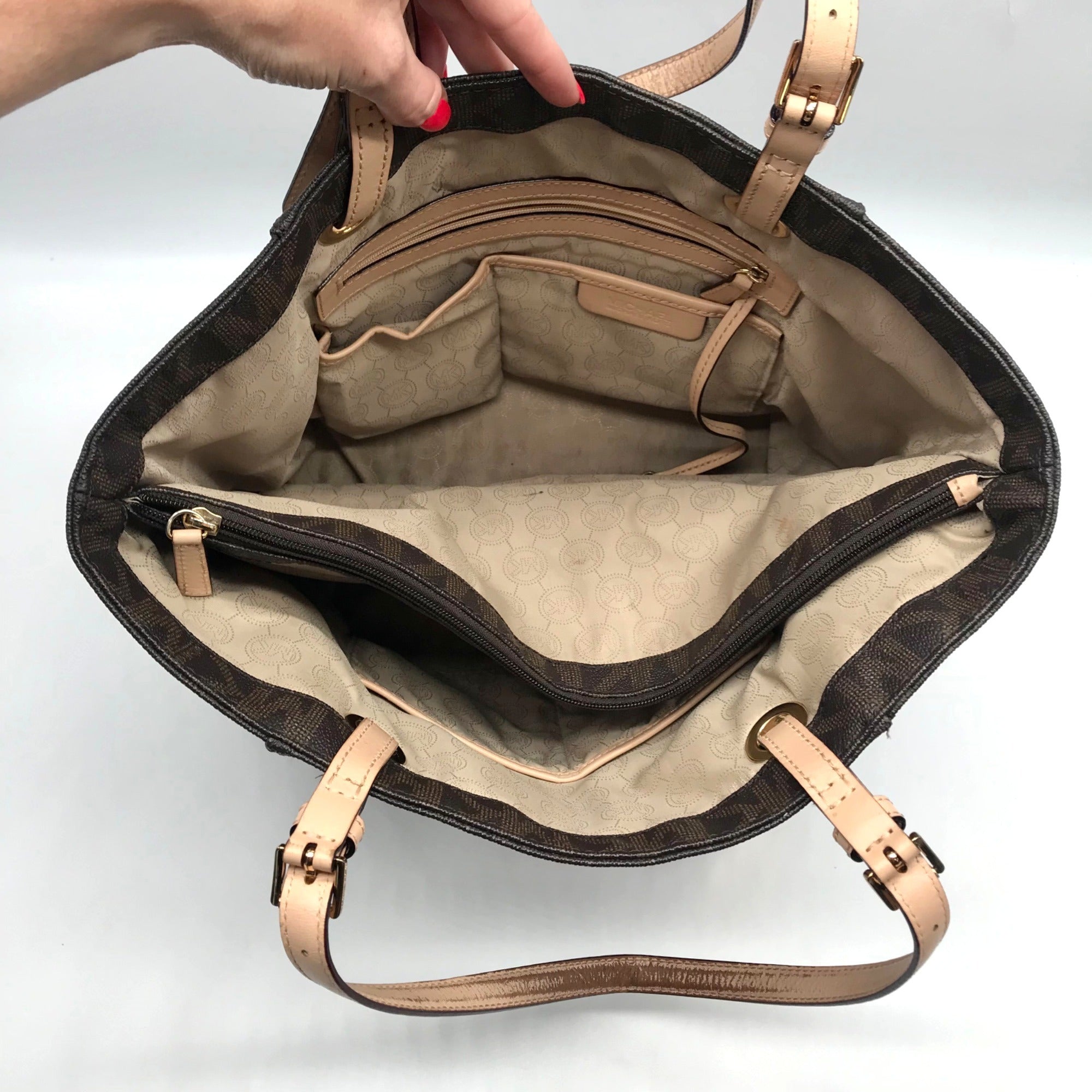 Michael Kors Brown Signature Coated Canvas Jet Set East West Tote Bag