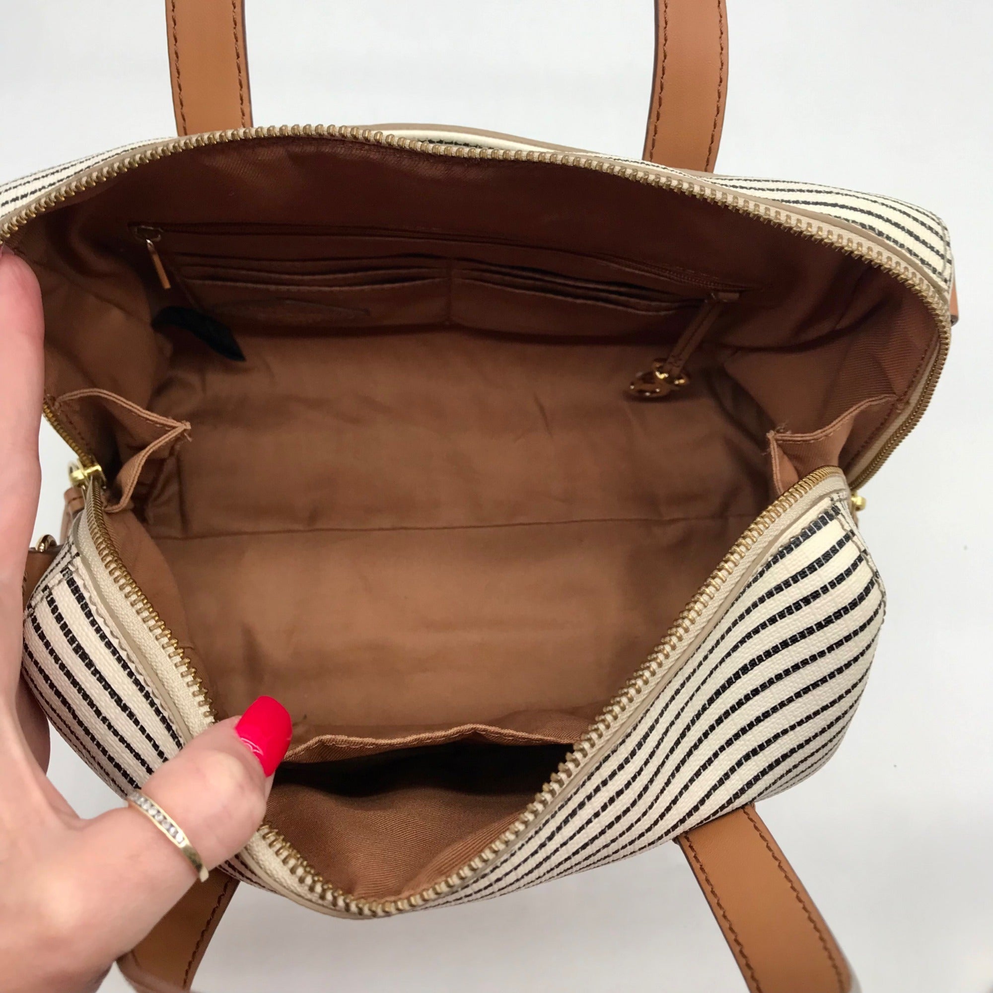 Fossil Black And White Coated Canvas Striped Convertible Sydney Satchel