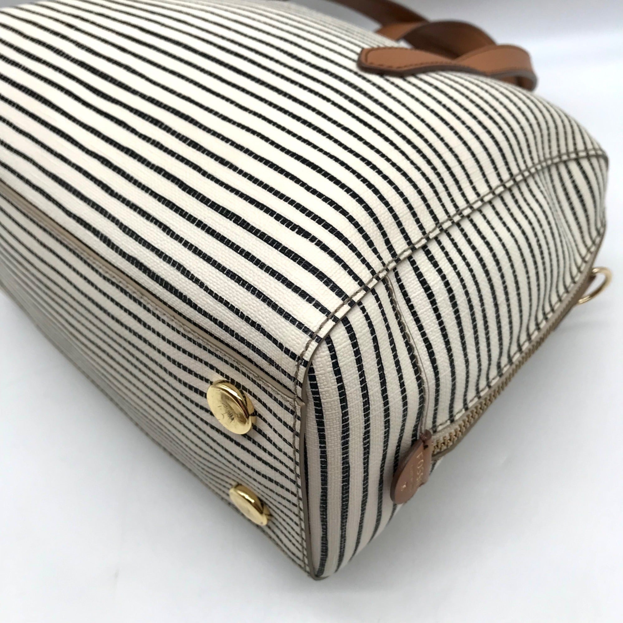 Fossil Black And White Coated Canvas Striped Convertible Sydney Satchel