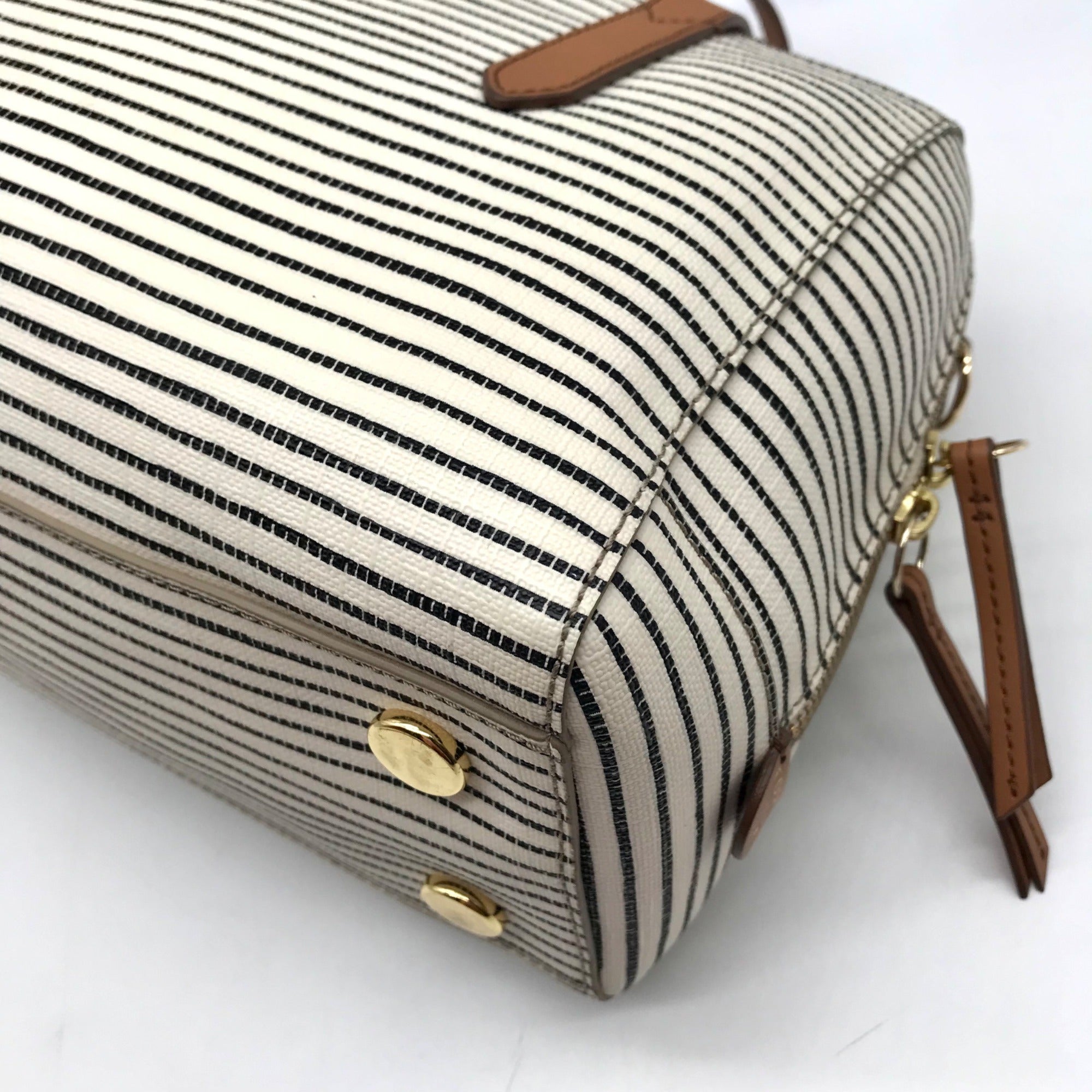 Fossil Black And White Coated Canvas Striped Convertible Sydney Satchel