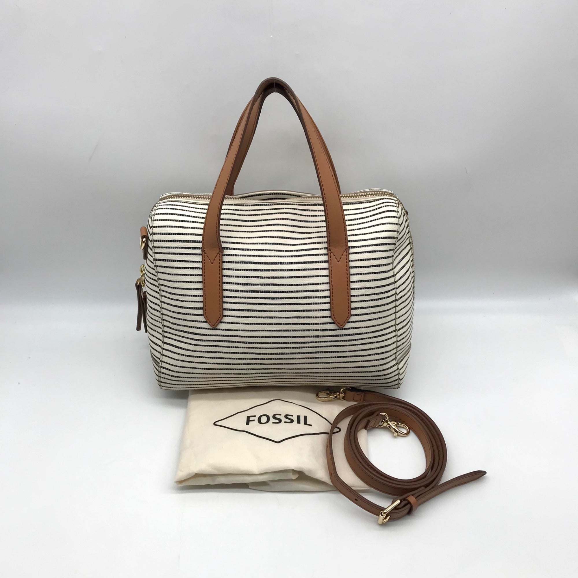 Fossil Black And White Coated Canvas Striped Convertible Sydney Satchel