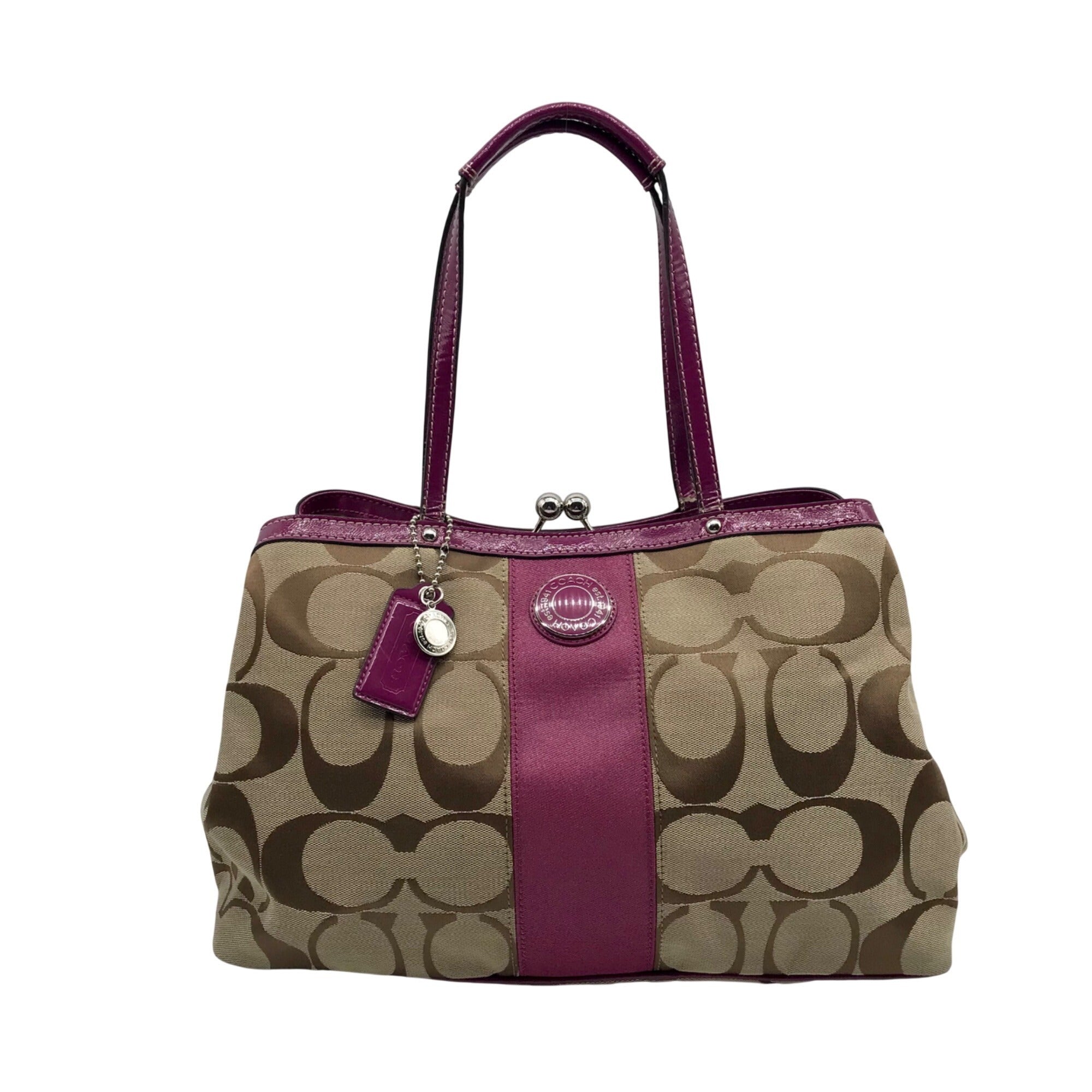 Coach Fuschia &amp; Brown Signature Stripe Framed Carryall F19190