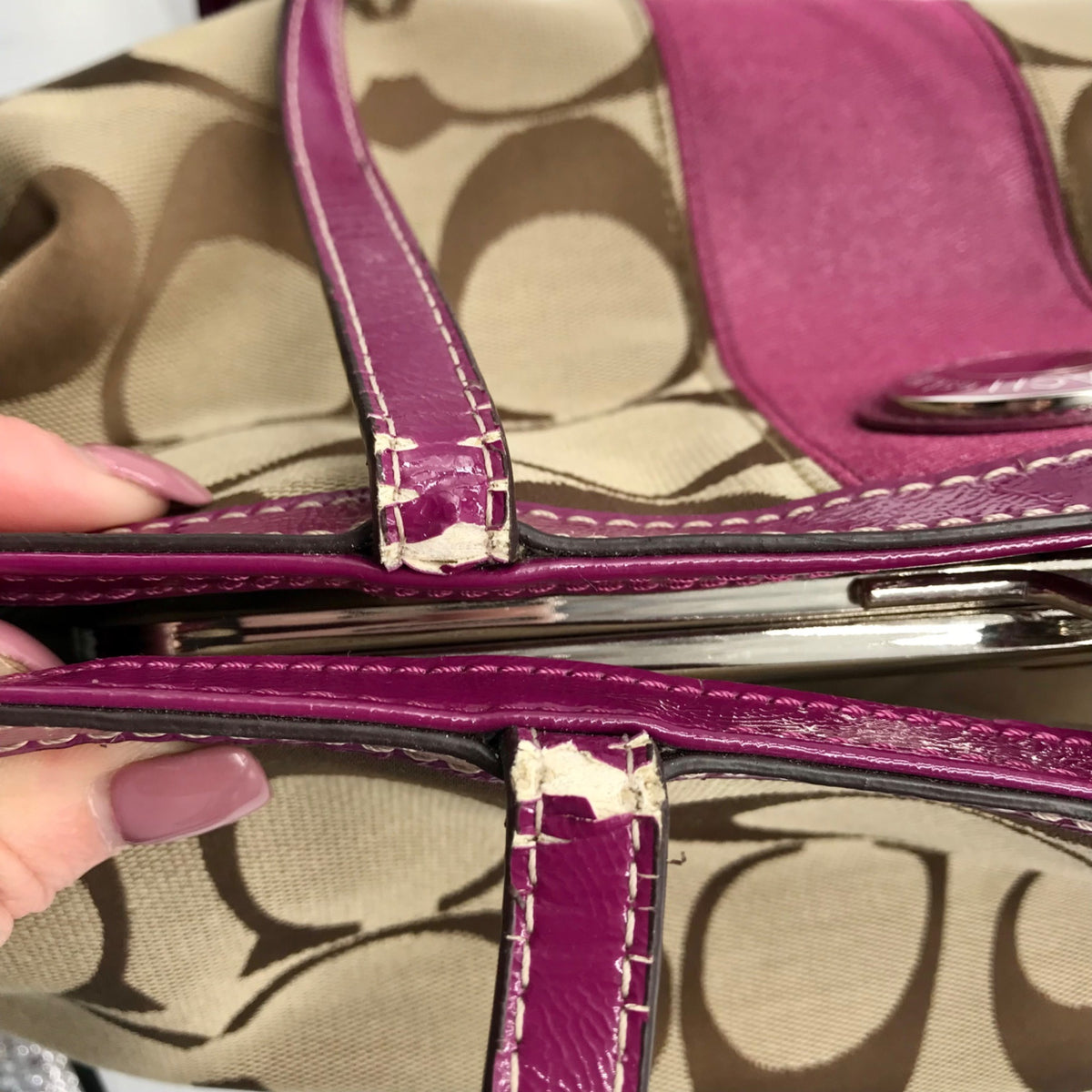 Coach Fuschia &amp; Brown Signature Stripe Framed Carryall F19190