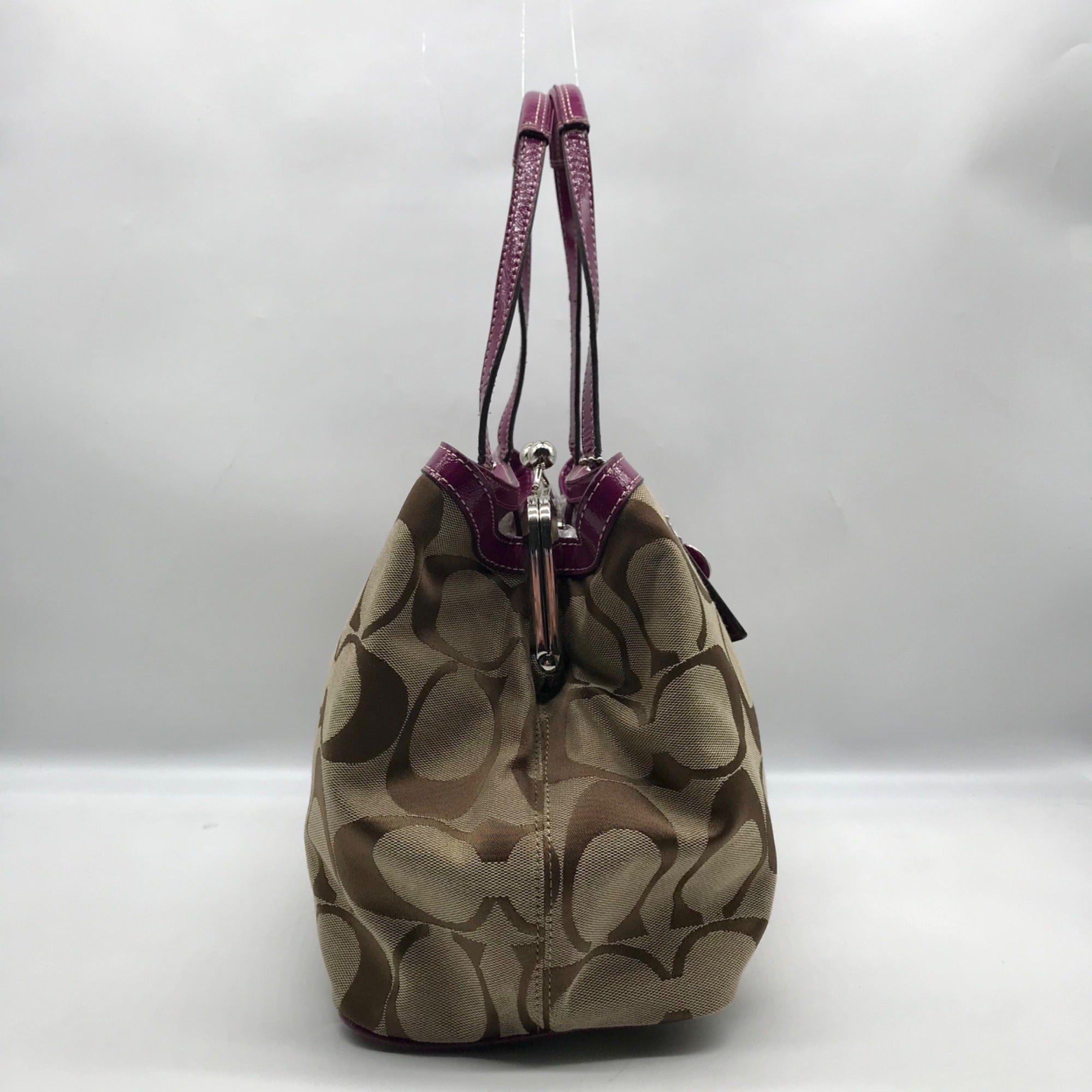 Coach Fuschia &amp; Brown Signature Stripe Framed Carryall F19190