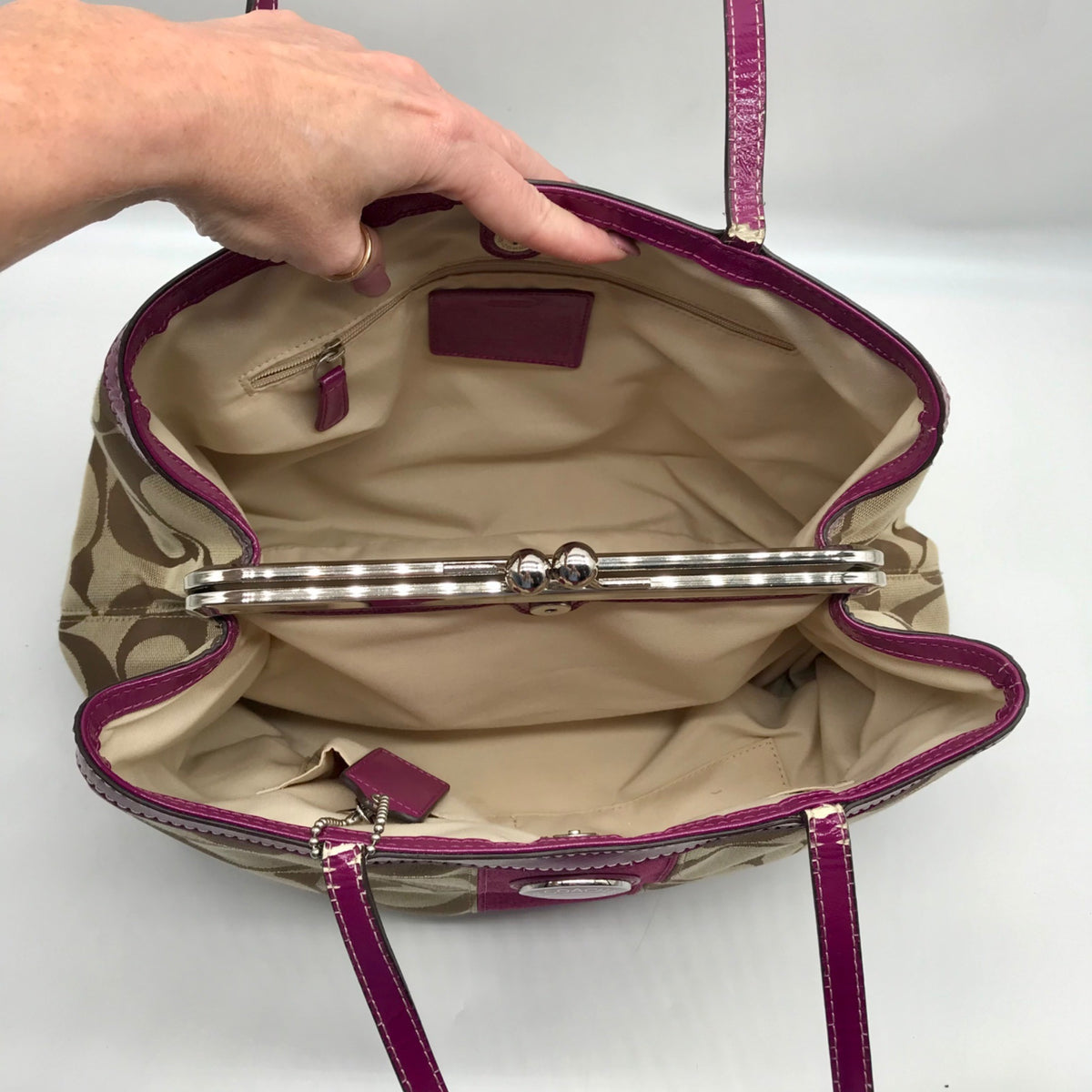 Coach Fuschia &amp; Brown Signature Stripe Framed Carryall F19190