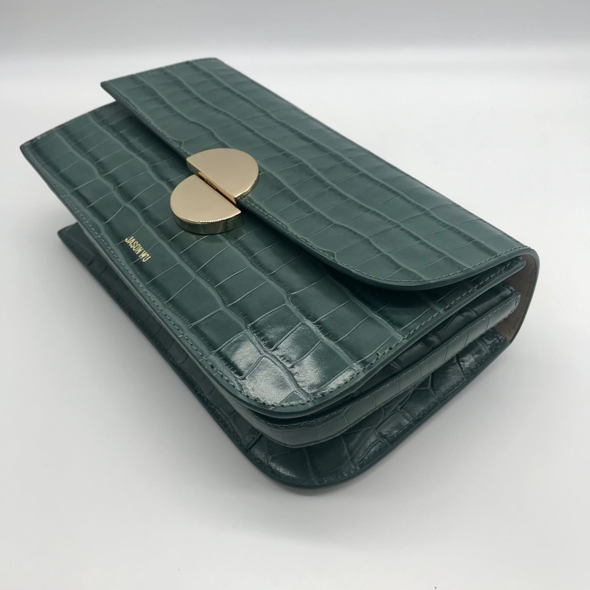 Jason Wu Sage Leaf Croc Embossed Orbit Leather Clutch
