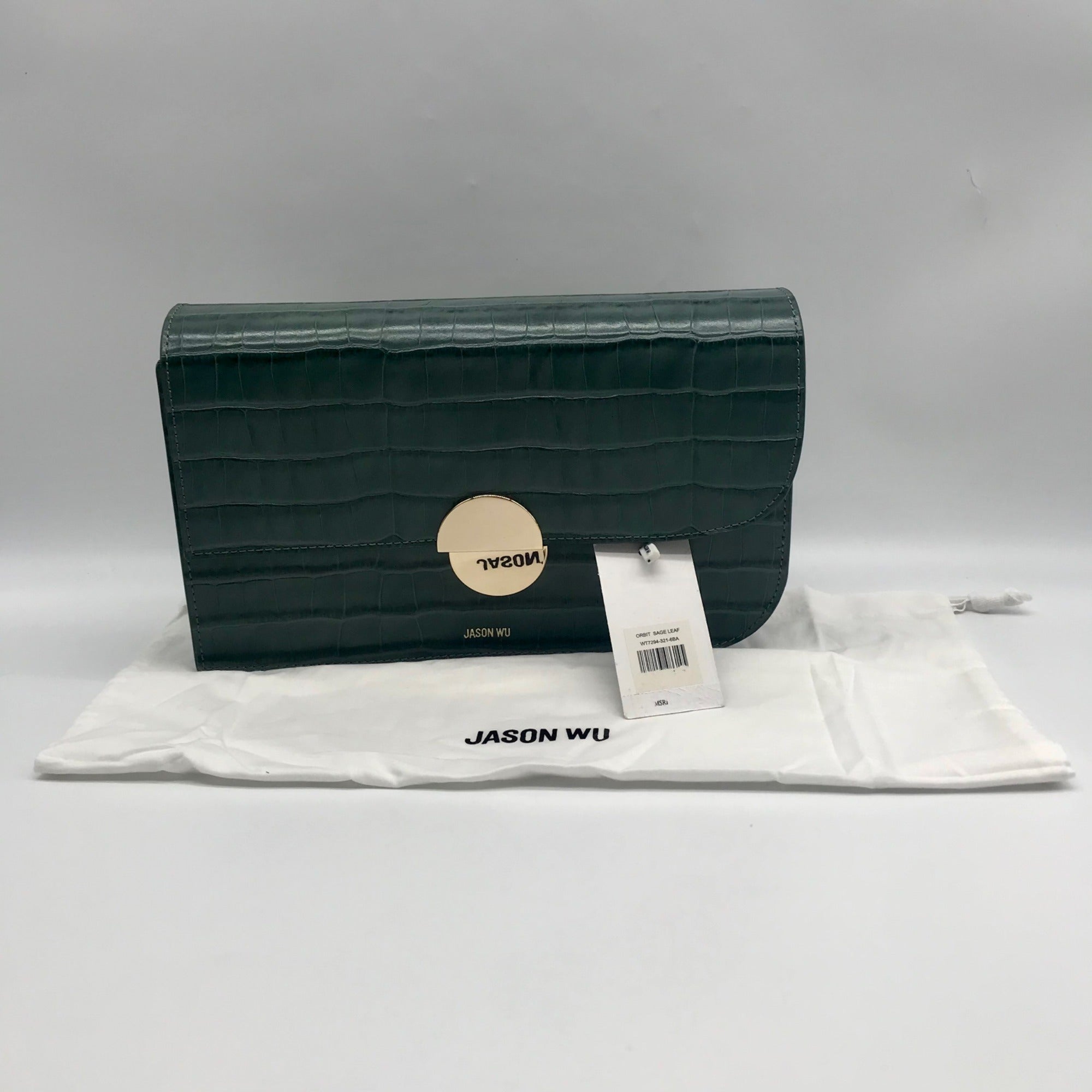 Jason Wu Sage Leaf Croc Embossed Orbit Leather Clutch
