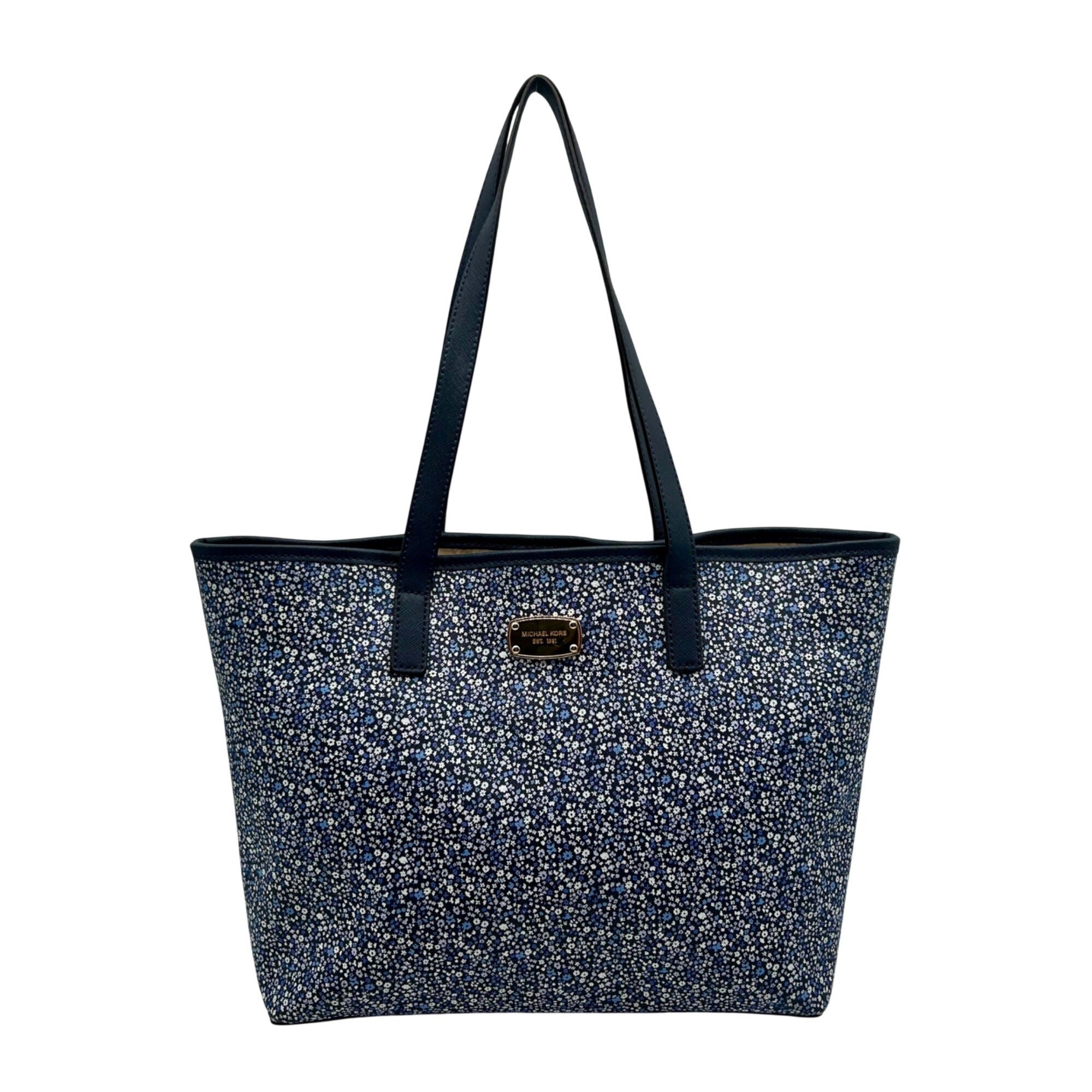 Michael Kors Navy Blue Floral Print Coated Canvas Tote