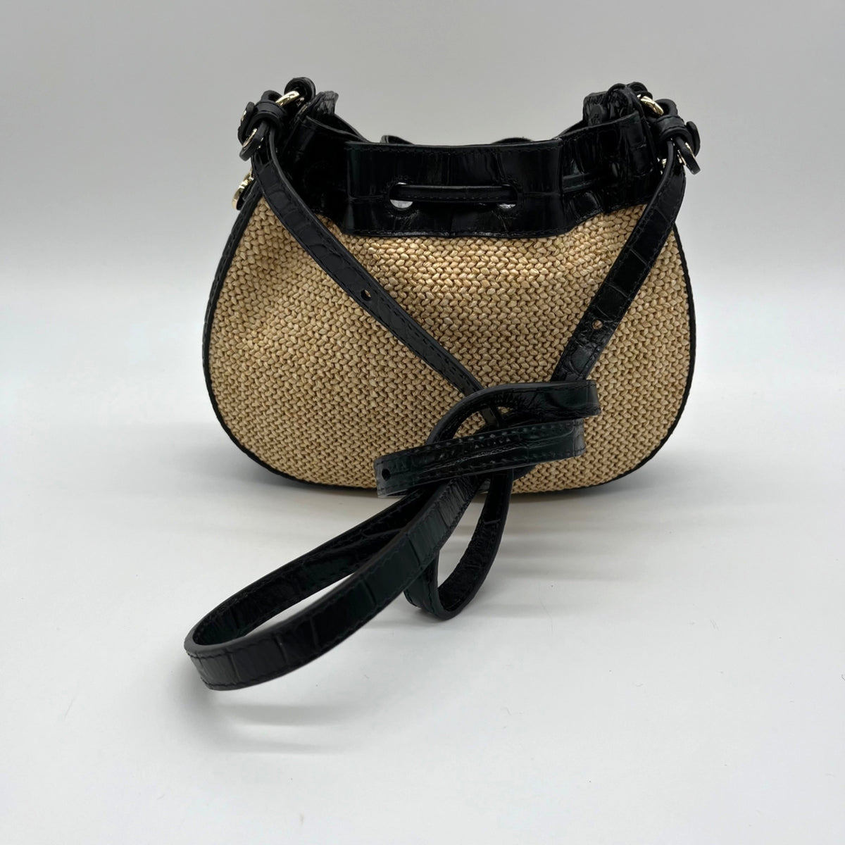 Brahmin Eliana Folsom Tan Mini Raffia Drawstring Crossbody Bag