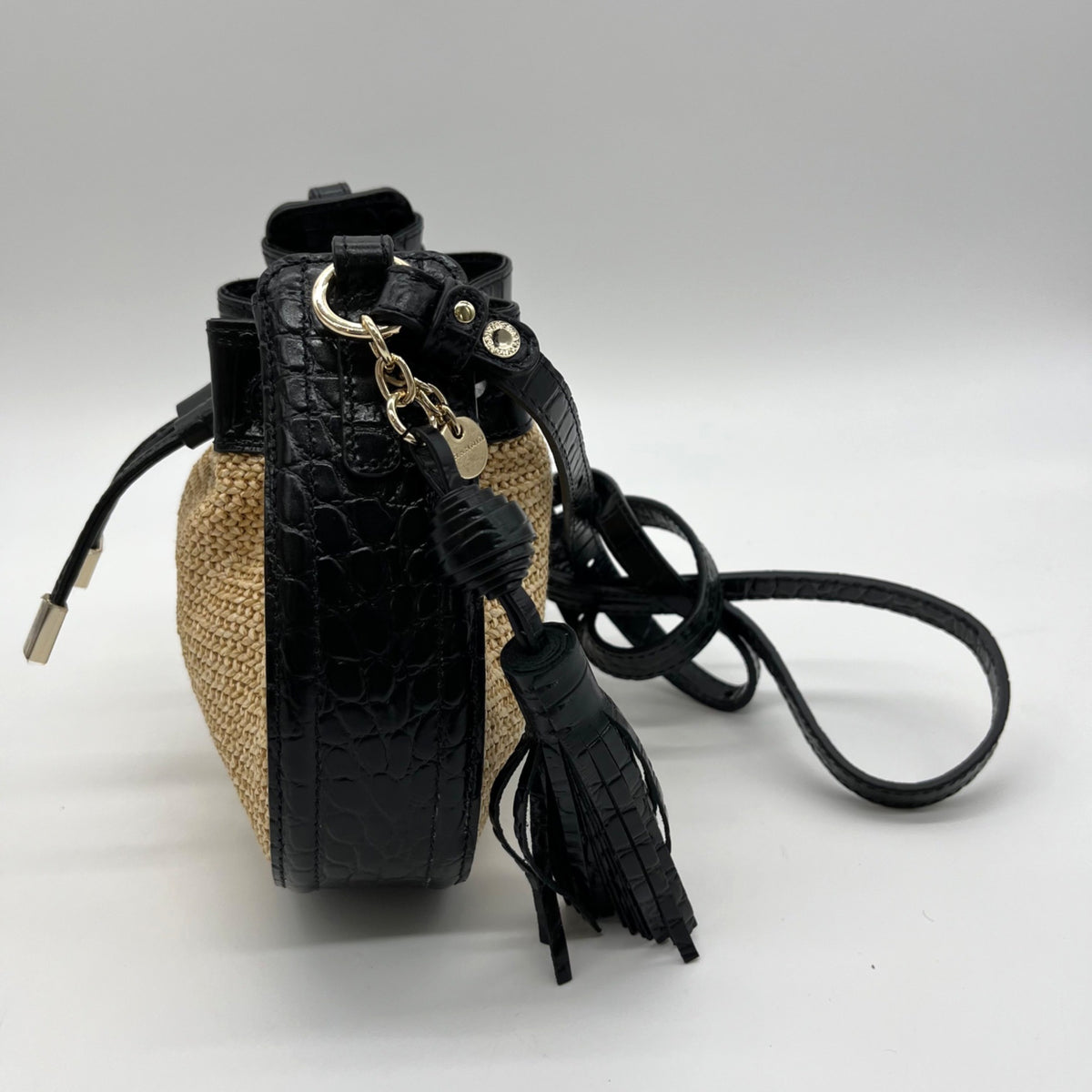 Brahmin Eliana Folsom Tan Mini Raffia Drawstring Crossbody Bag