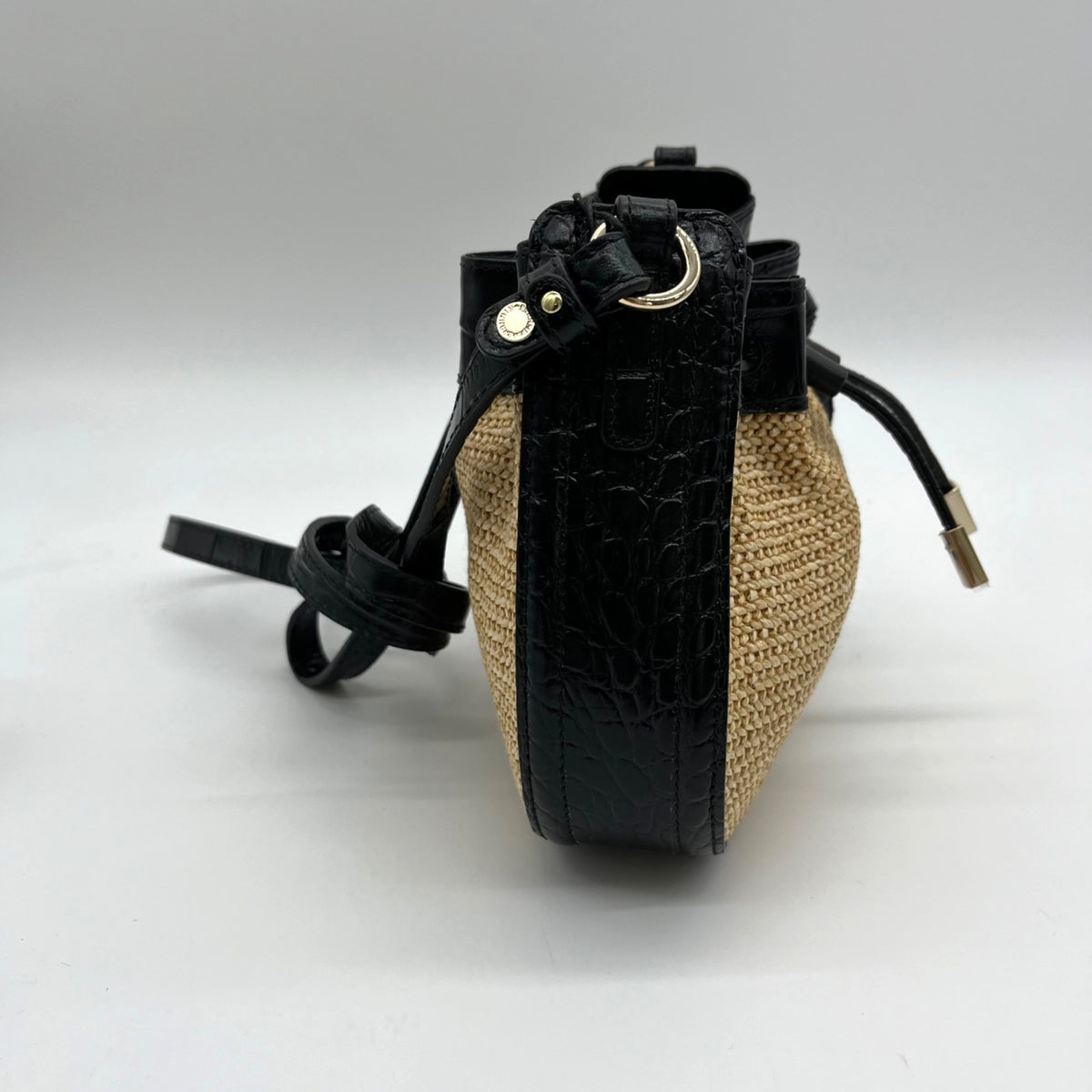 Brahmin Eliana Folsom Tan Mini Raffia Drawstring Crossbody Bag