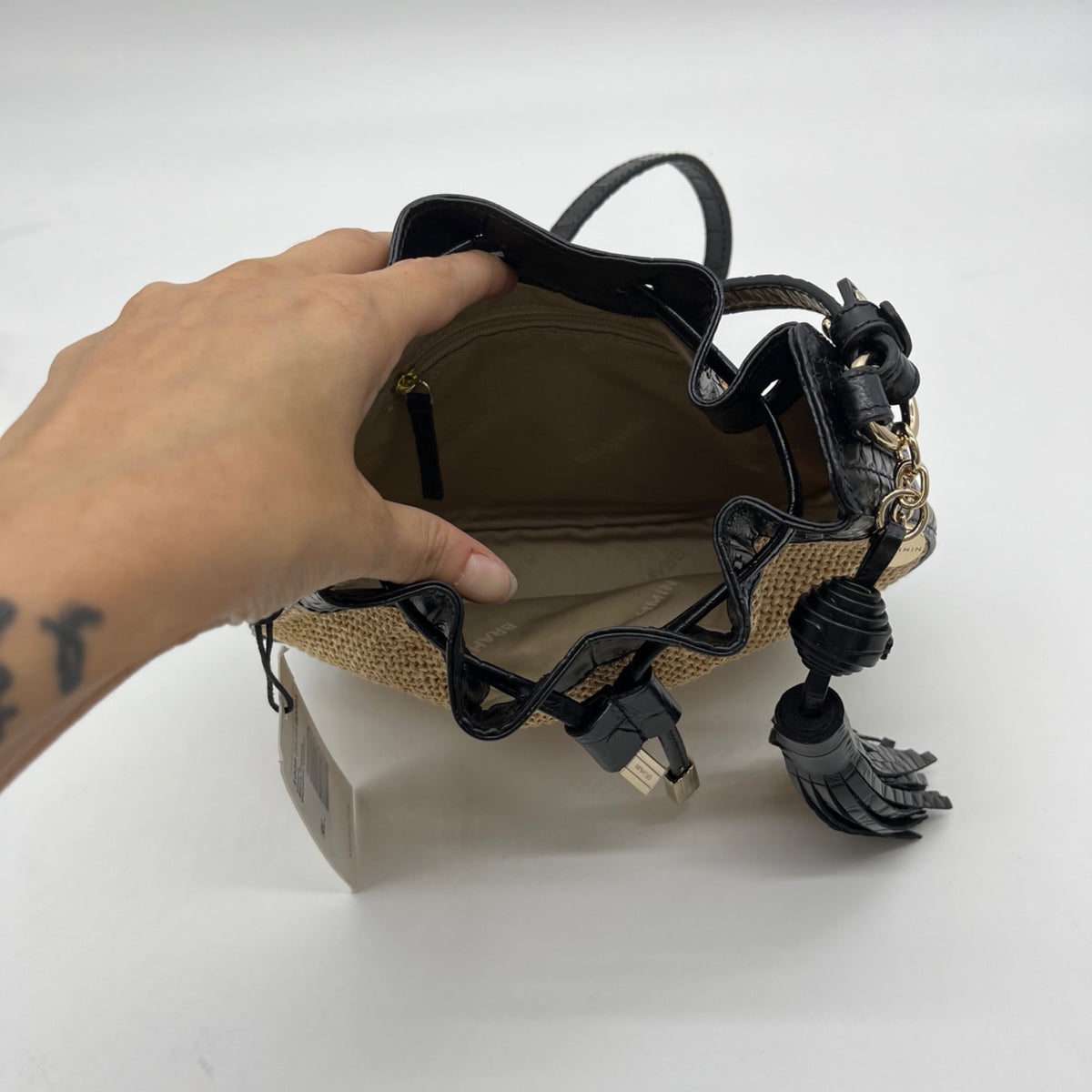 Brahmin Eliana Folsom Tan Mini Raffia Drawstring Crossbody Bag