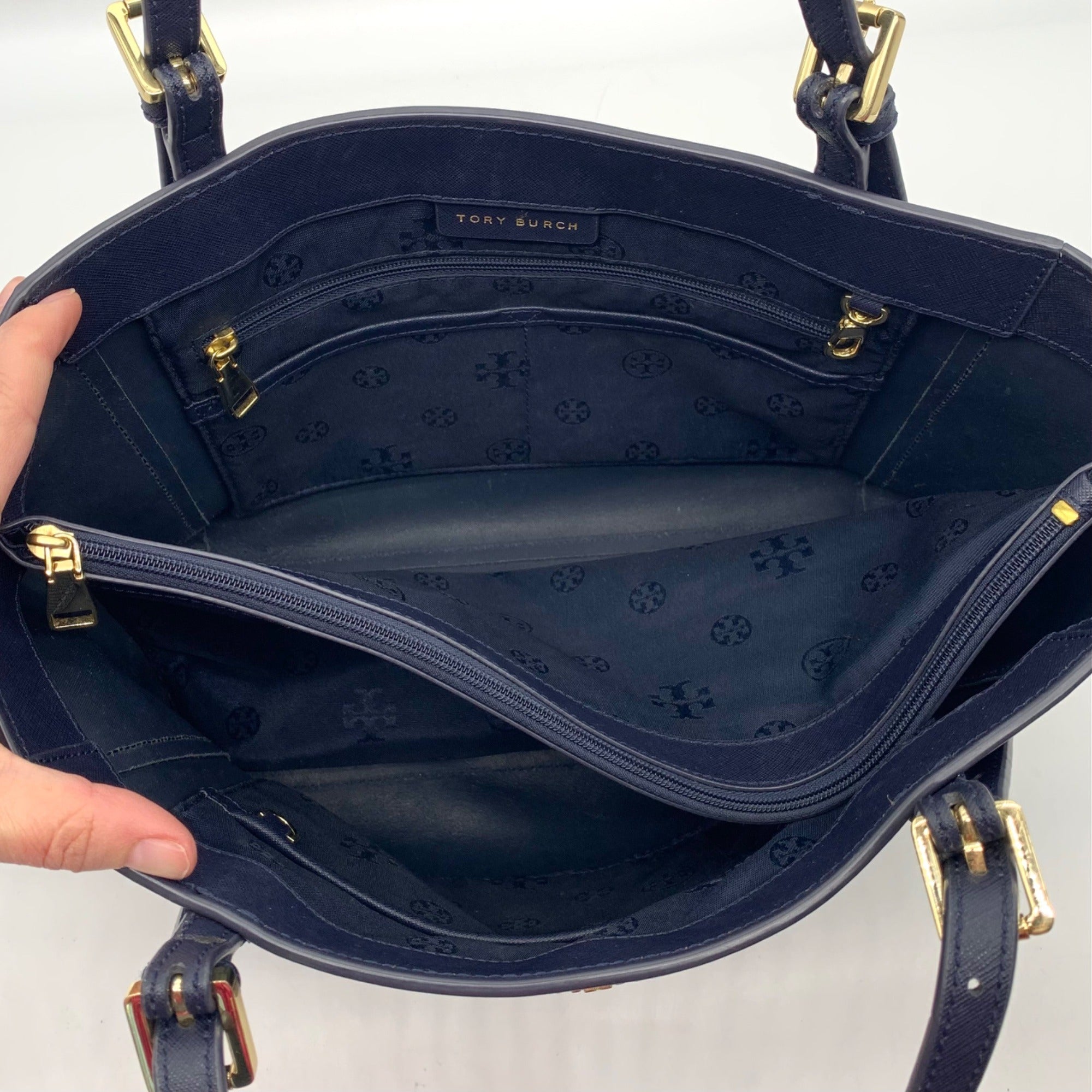 Tory Burch York Navy Saffiano Leather Buckle Tote