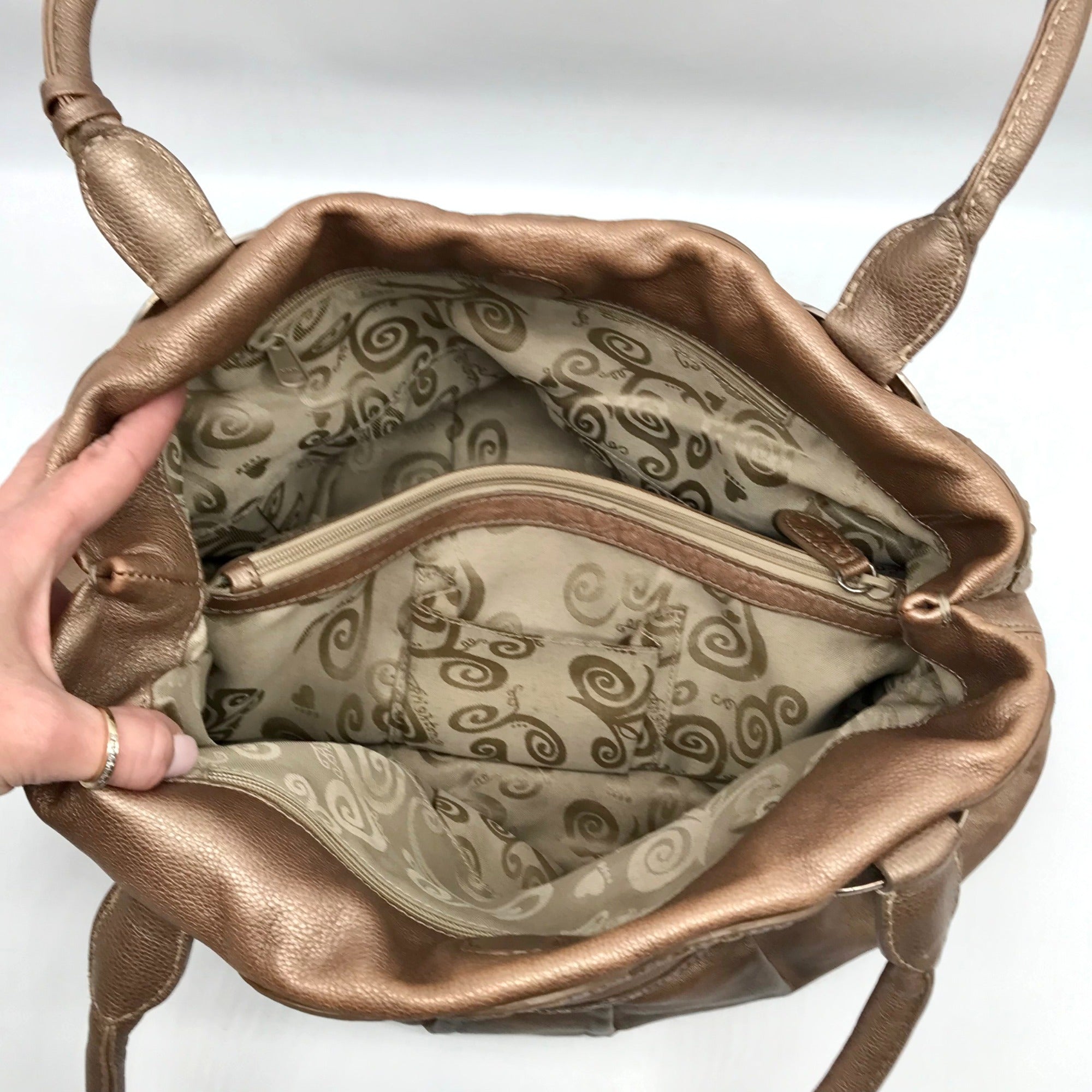 Brighton Metallic Bronze Nala Leather Embroidered Shoulder Bag