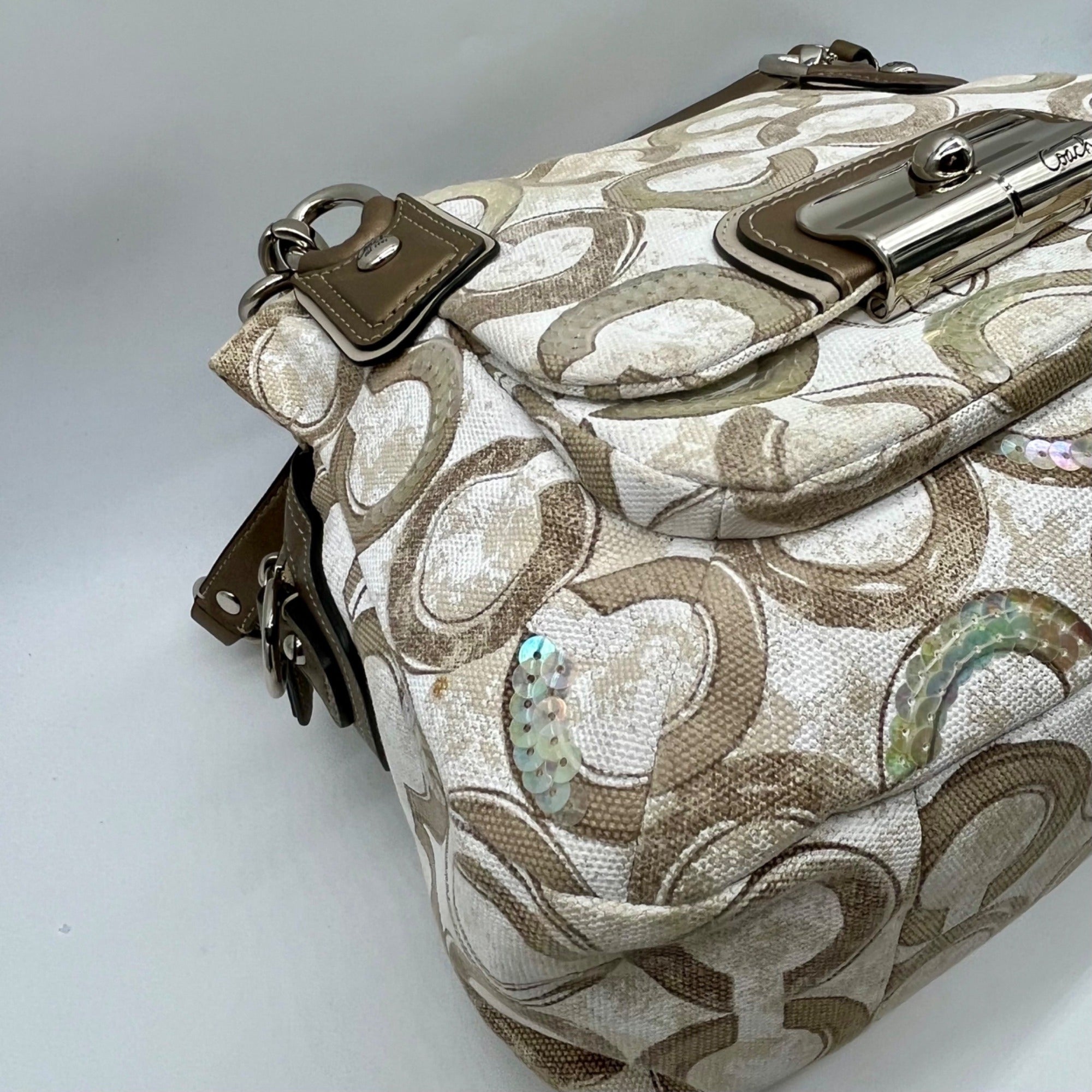 Coach Beige Kristin Op Art Sequin Shoulder Bag 16777