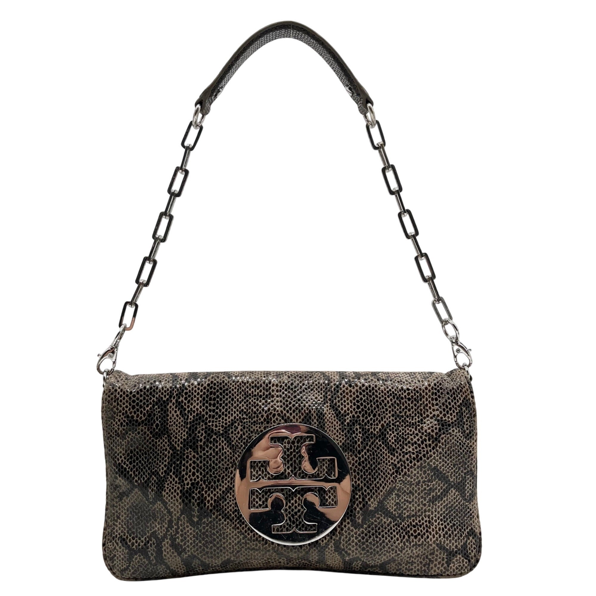 Tory Burch Gray & Black Snake Embossed Leather Reva Clutch 