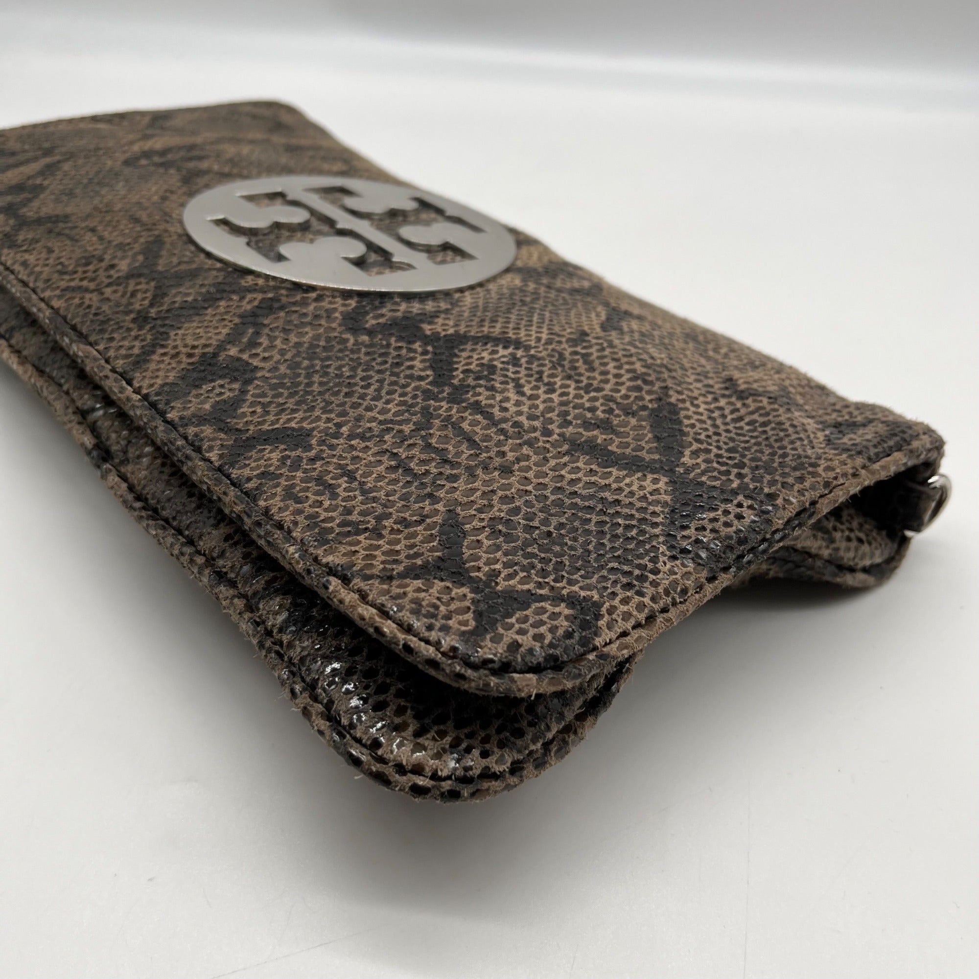 Tory Burch Gray &amp; Black Snake Embossed Leather Reva Clutch