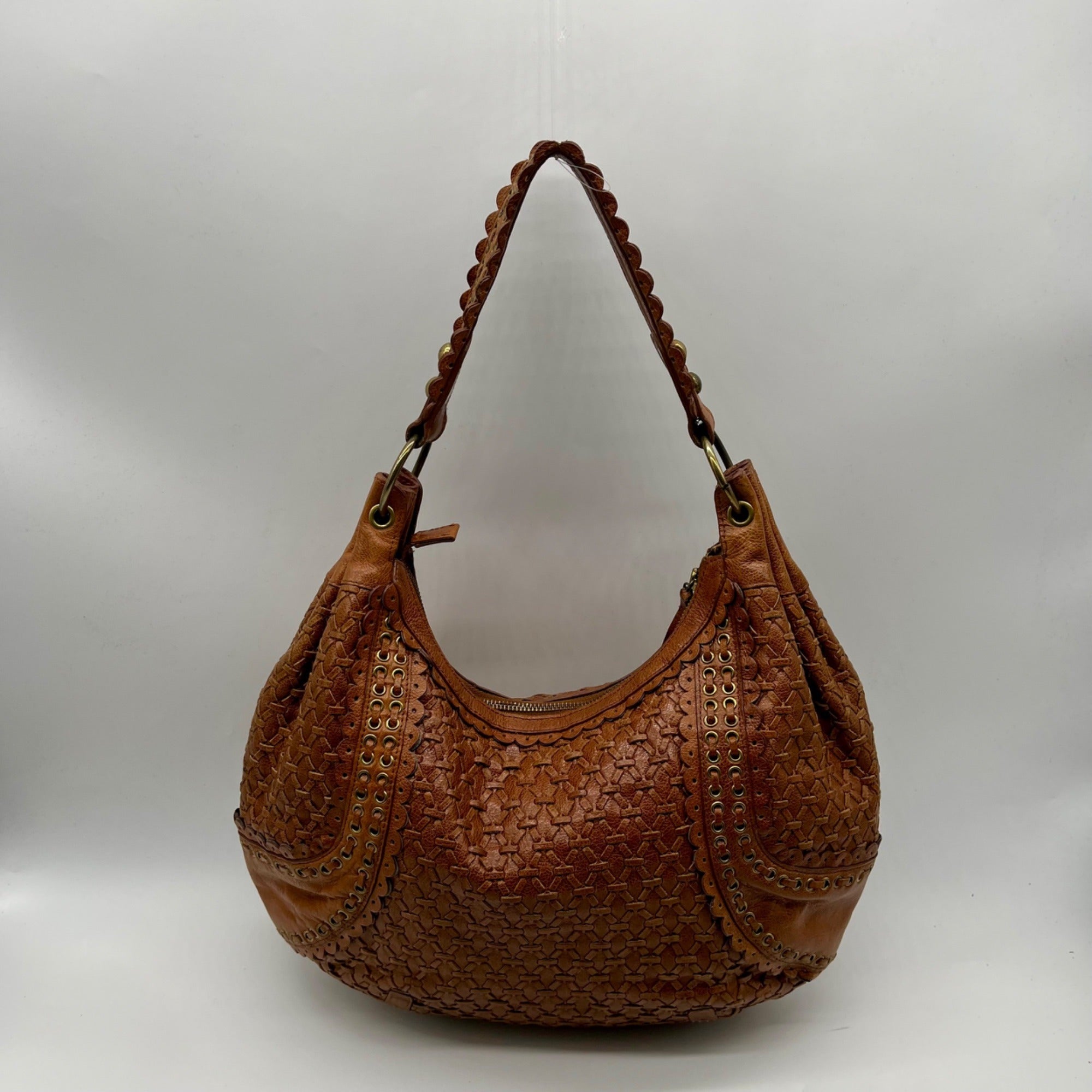 Isabella Fiore Brown Leather Woven Hobo Bag