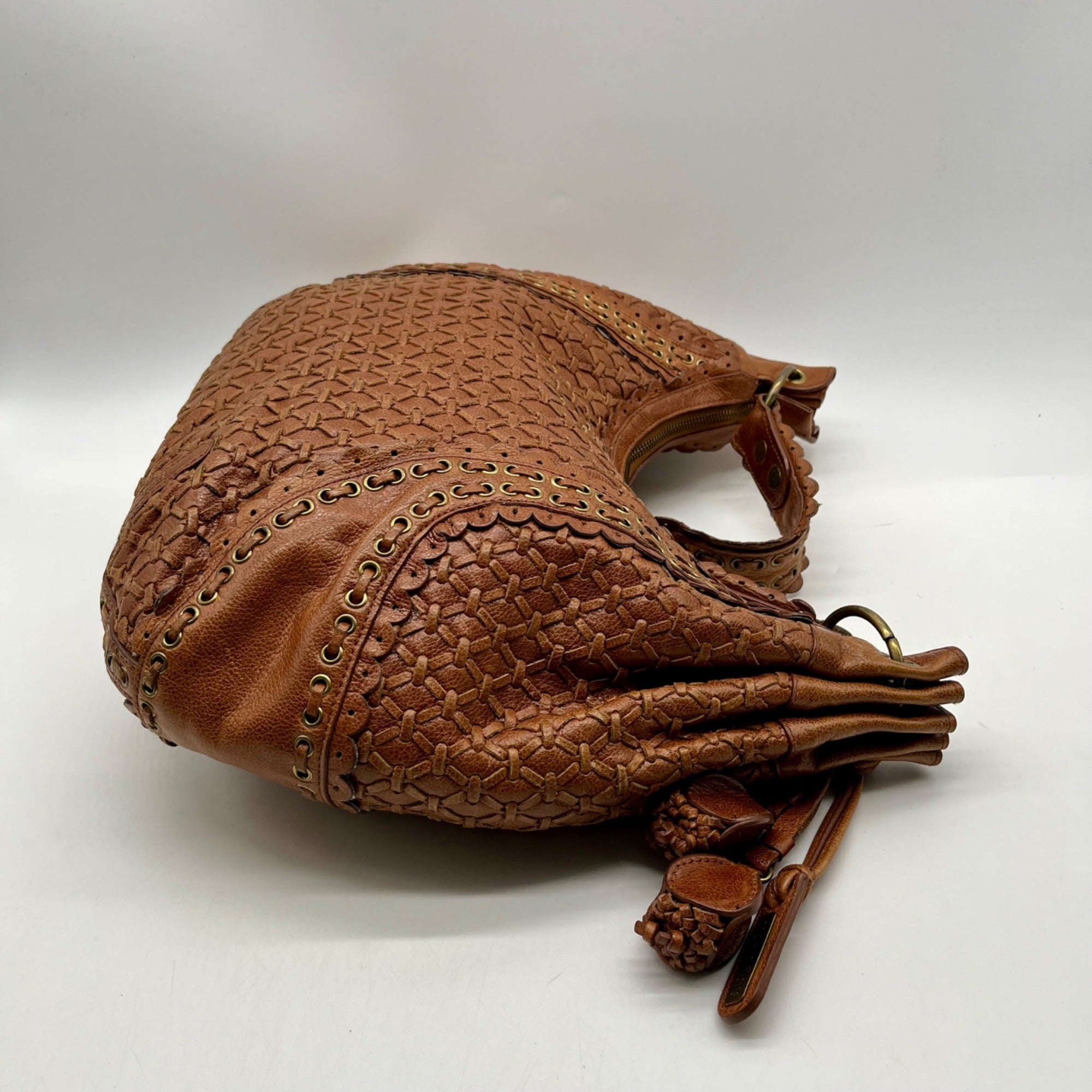 Isabella Fiore Brown Leather Woven Hobo Bag