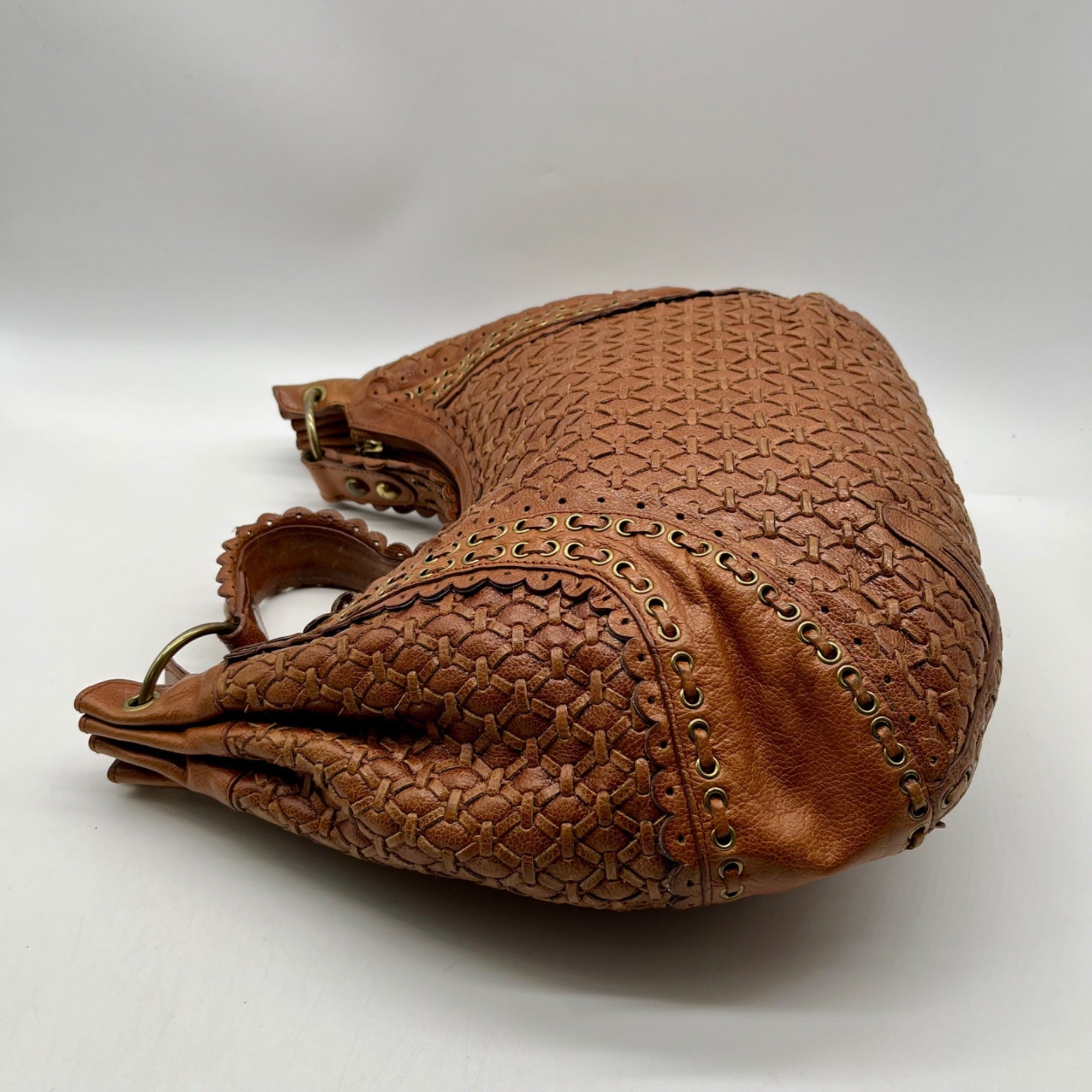 Isabella Fiore Brown Leather Woven Hobo Bag