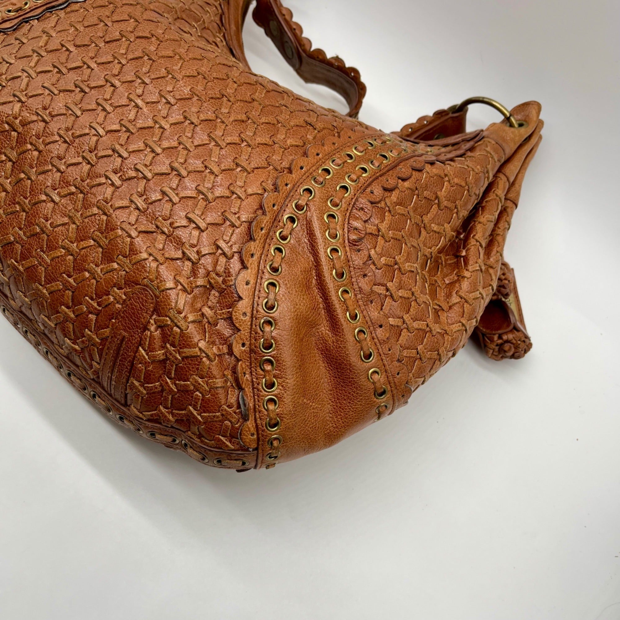 Isabella Fiore Brown Leather Woven Hobo Bag