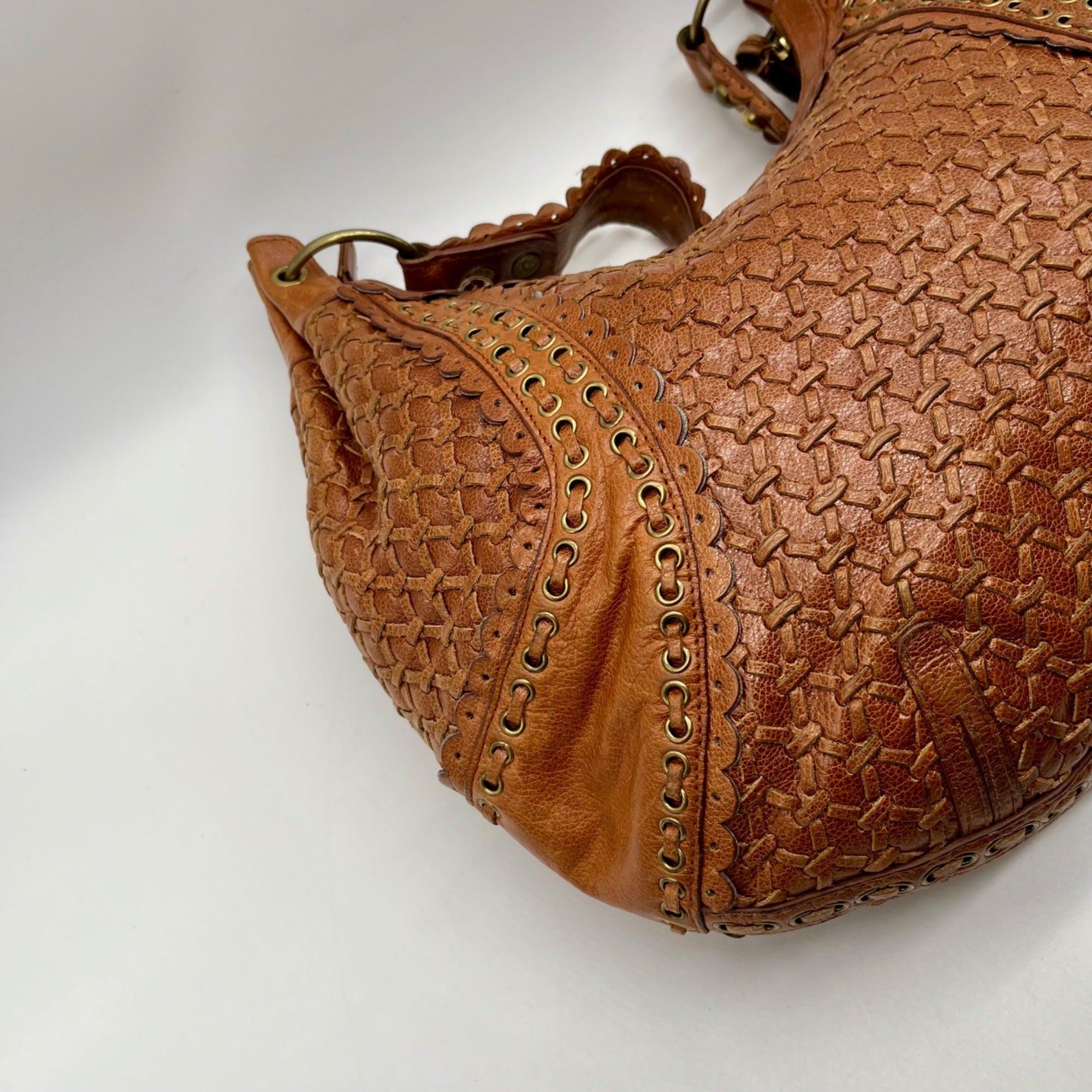 Isabella Fiore Brown Leather Woven Hobo Bag