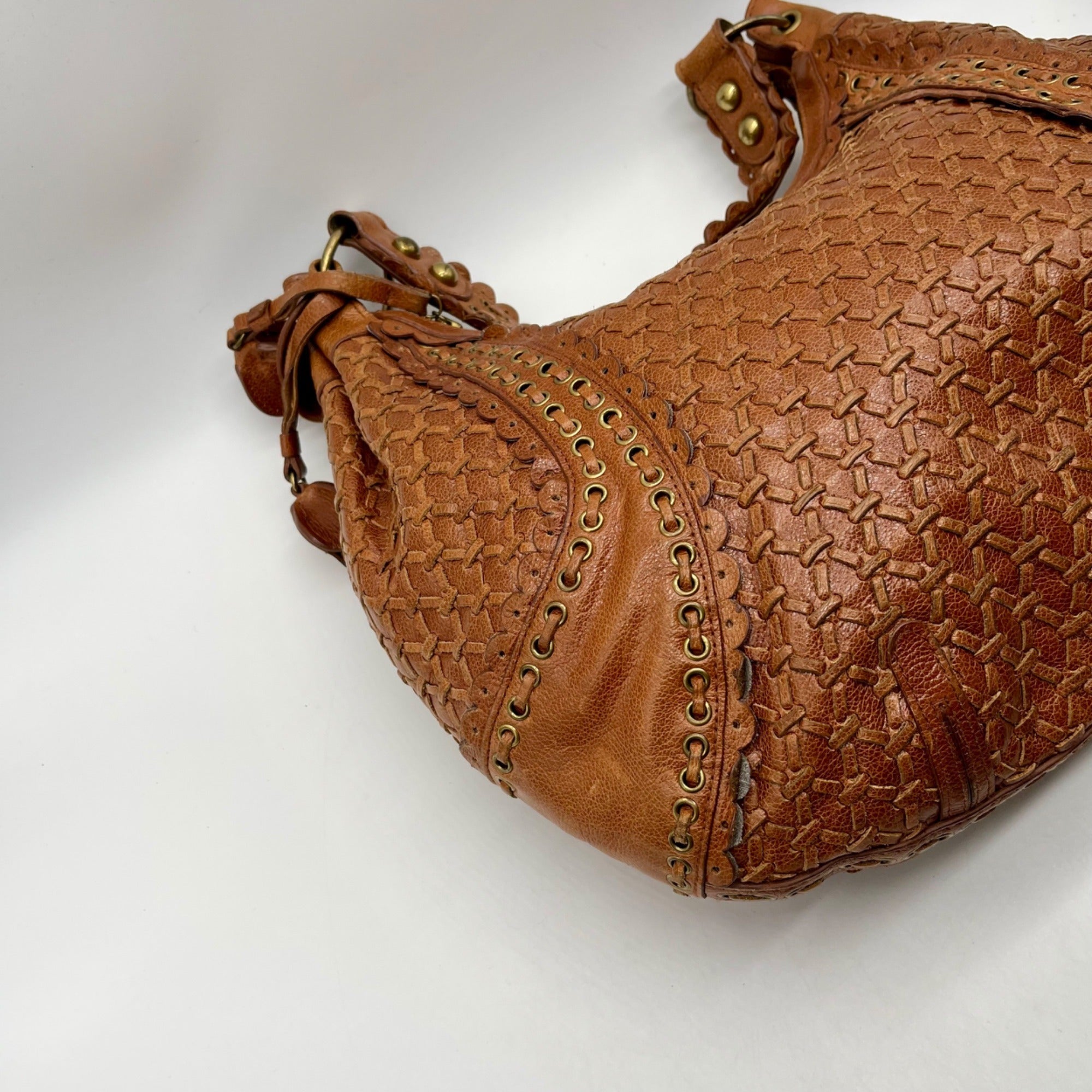 Isabella Fiore Brown Leather Woven Hobo Bag