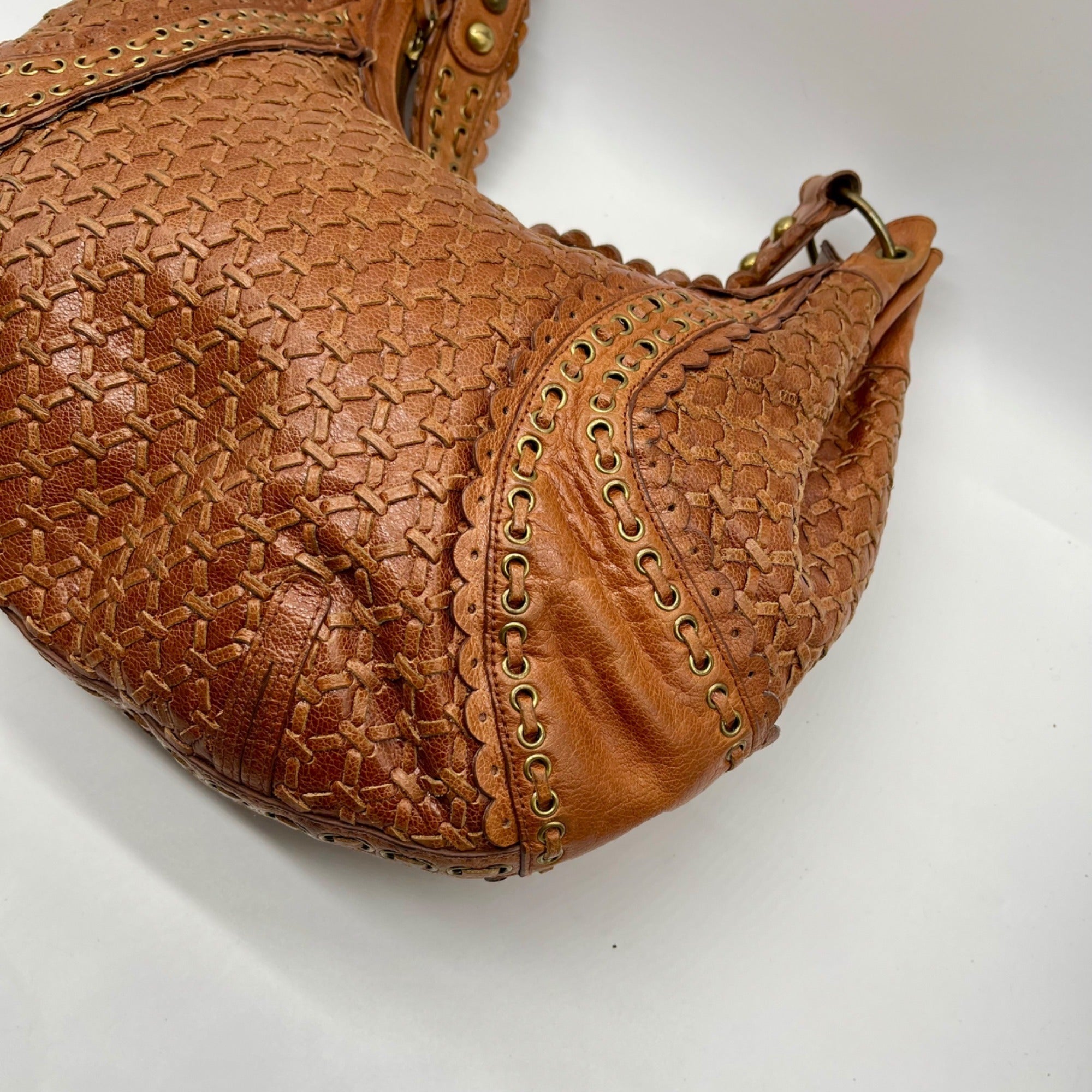 Isabella Fiore Brown Leather Woven Hobo Bag