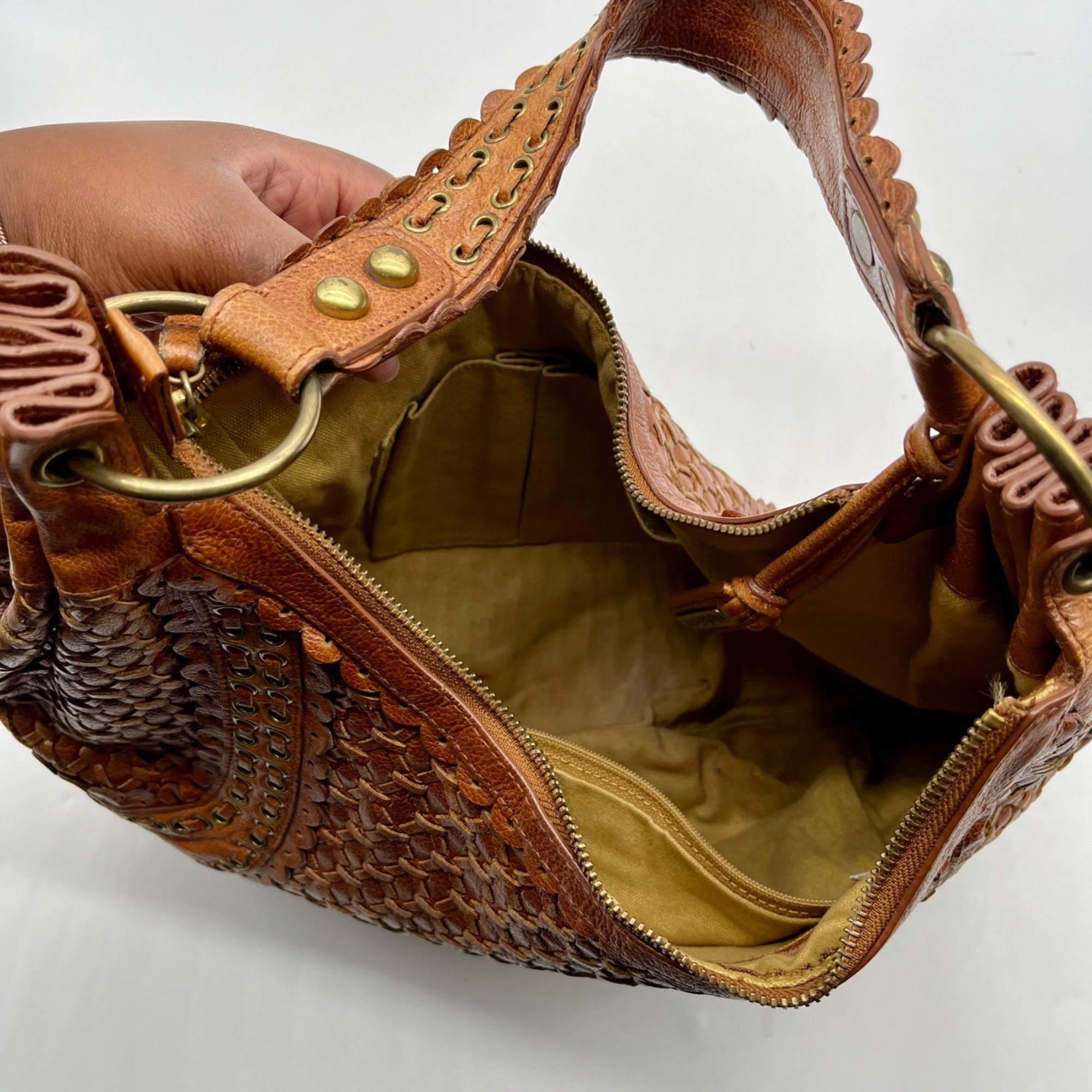 Isabella Fiore Brown Leather Woven Hobo Bag
