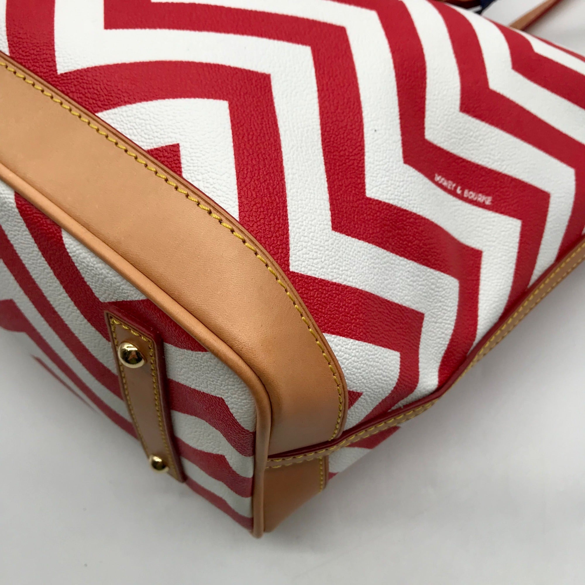 Dooney &amp; Bourke Red Pebbled Grain Leather Striped Chevron Tote Bag With Wallet