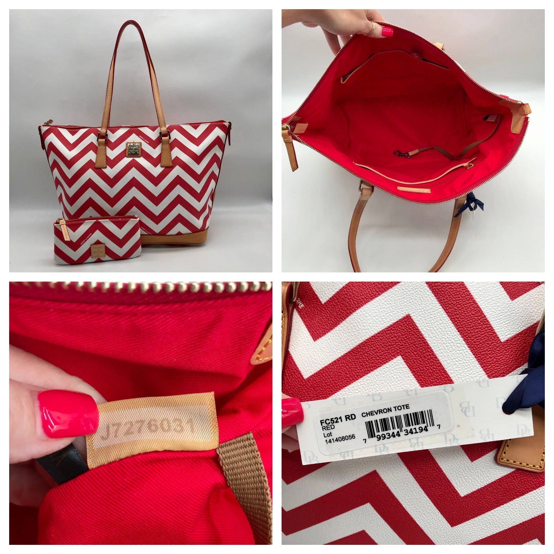 Dooney &amp; Bourke Red Pebbled Grain Leather Striped Chevron Tote Bag With Wallet