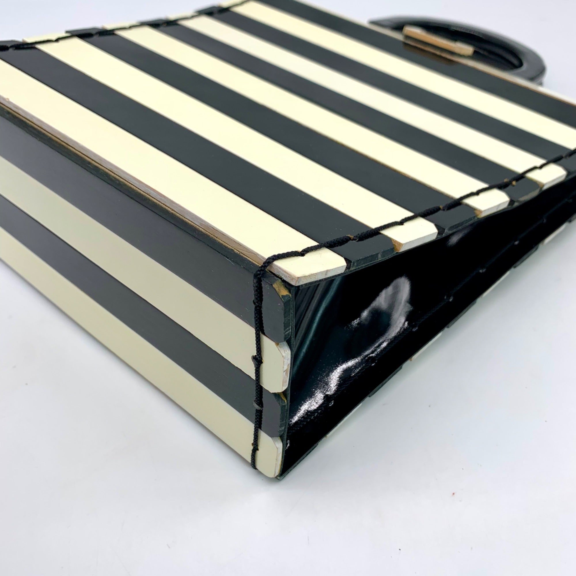 Adriana Jimenez White &amp; Black Striped Wood Satchel Bag