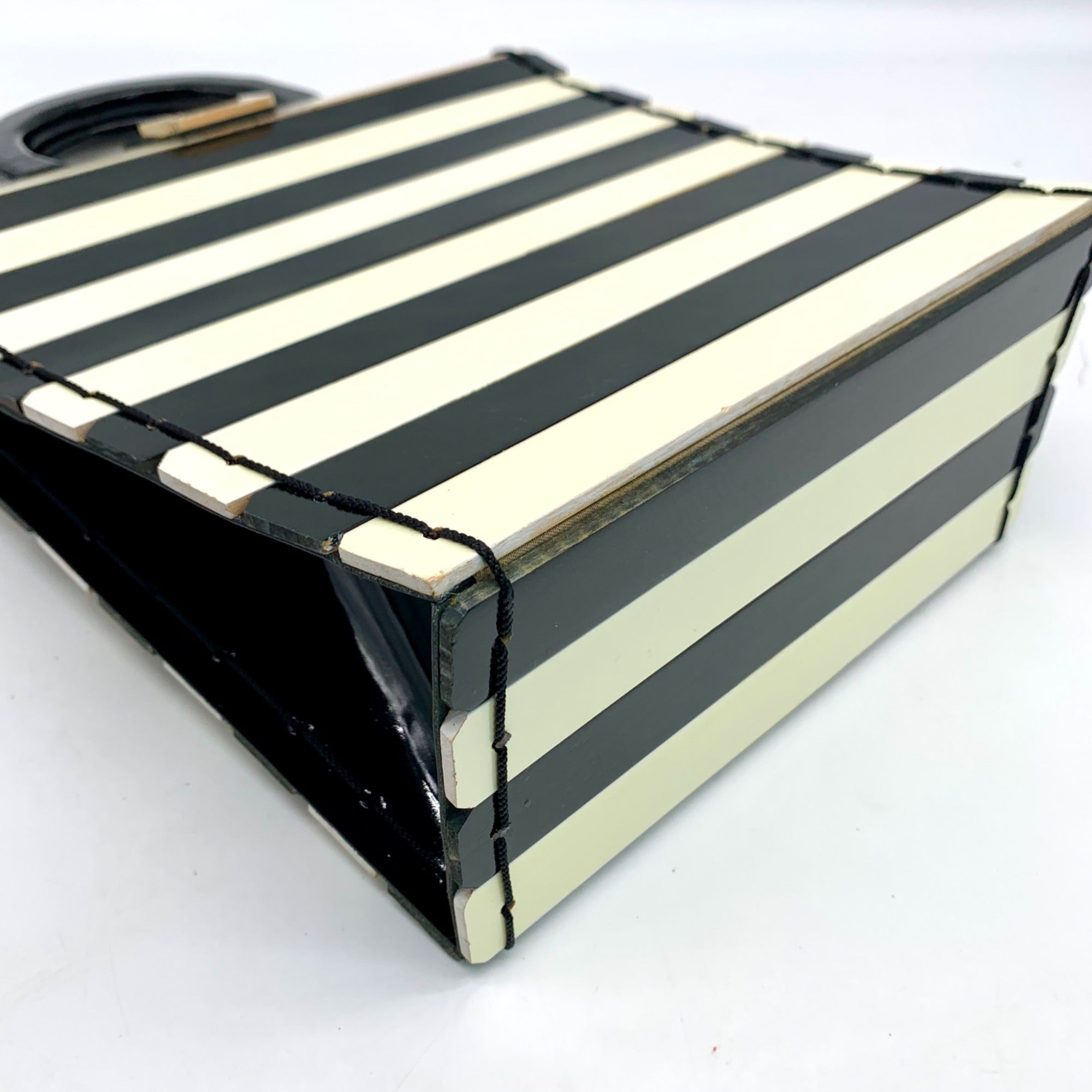 Adriana Jimenez White &amp; Black Striped Wood Satchel Bag