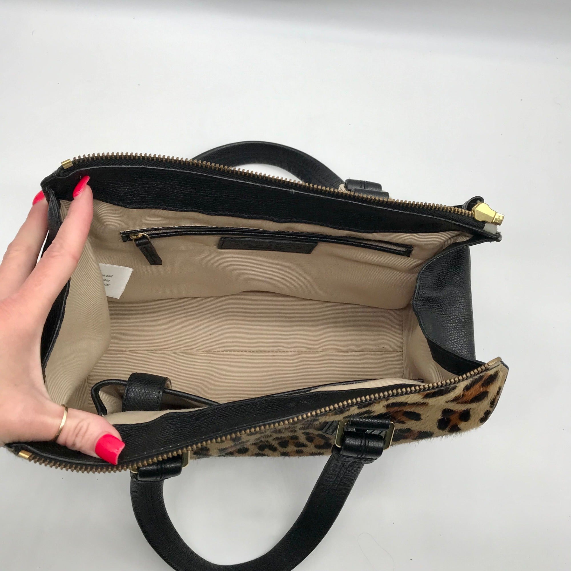 Talbots Black Leopard Print Fur Satchel Bag