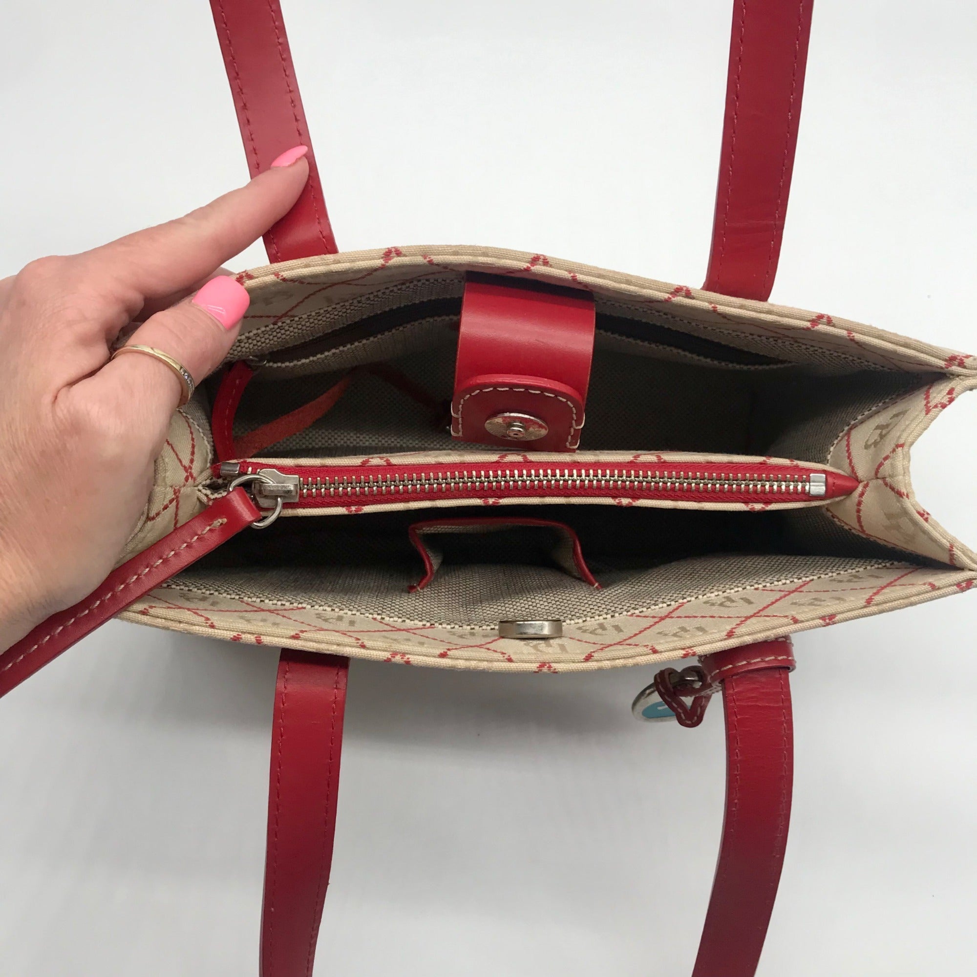 Dooney &amp; Bourke Beige &amp; Red Monogram Canvas East West Shopper Shoulder Bag