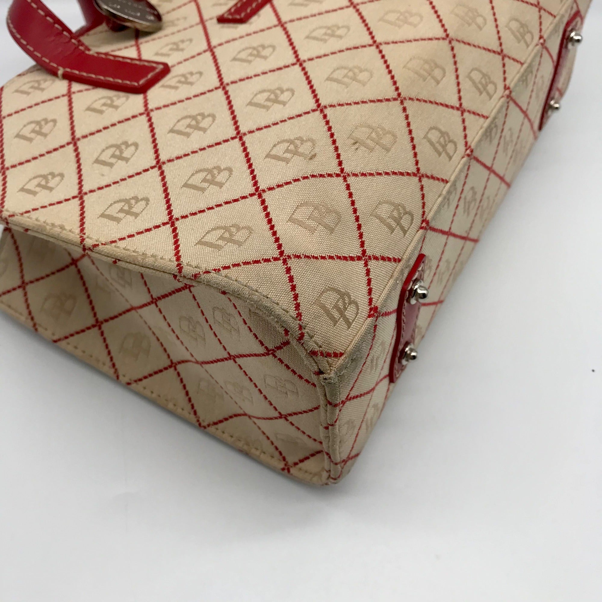 Dooney &amp; Bourke Beige &amp; Red Monogram Canvas East West Shopper Shoulder Bag