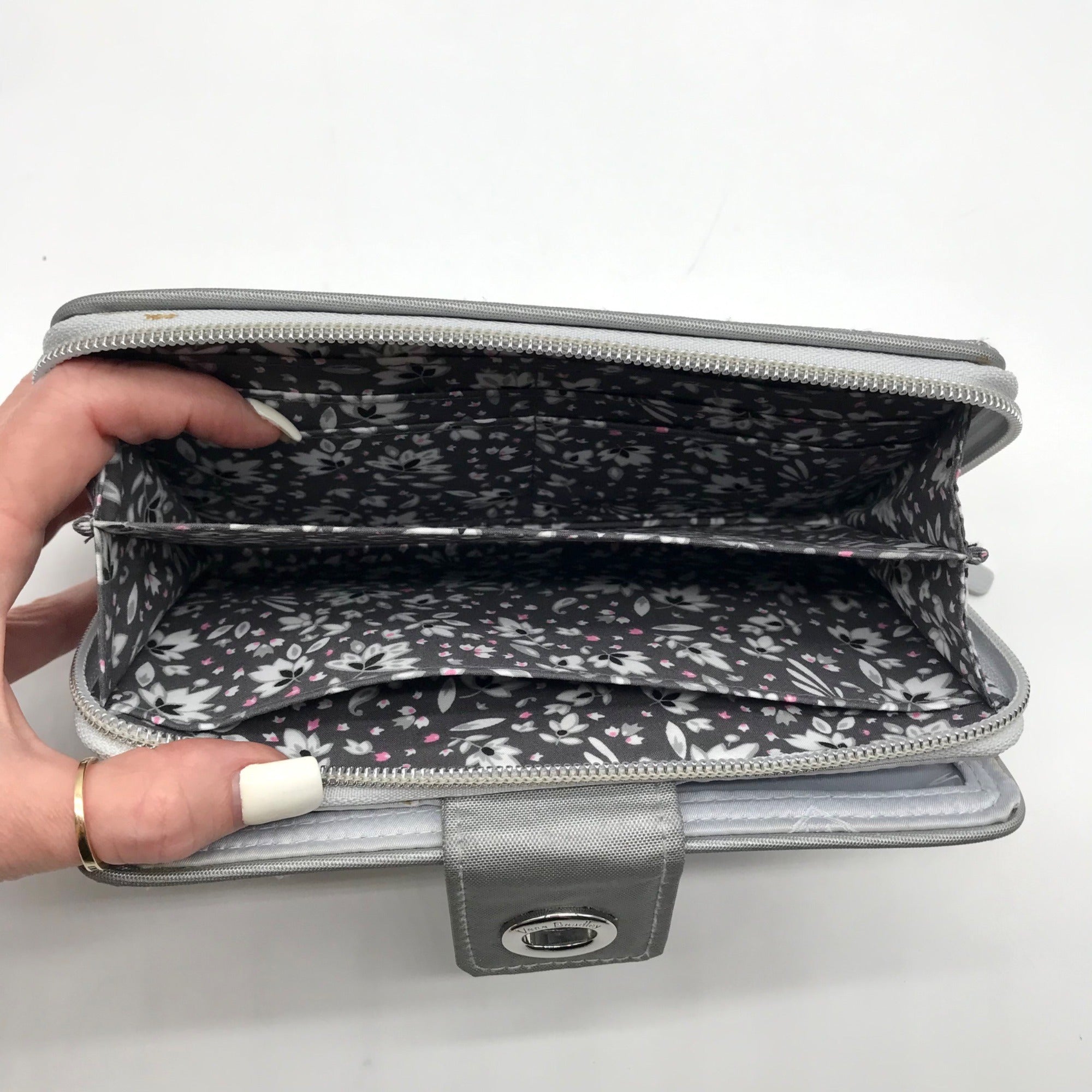 Vera Bradley Silver Microfiber RFID Turnlock Wallet