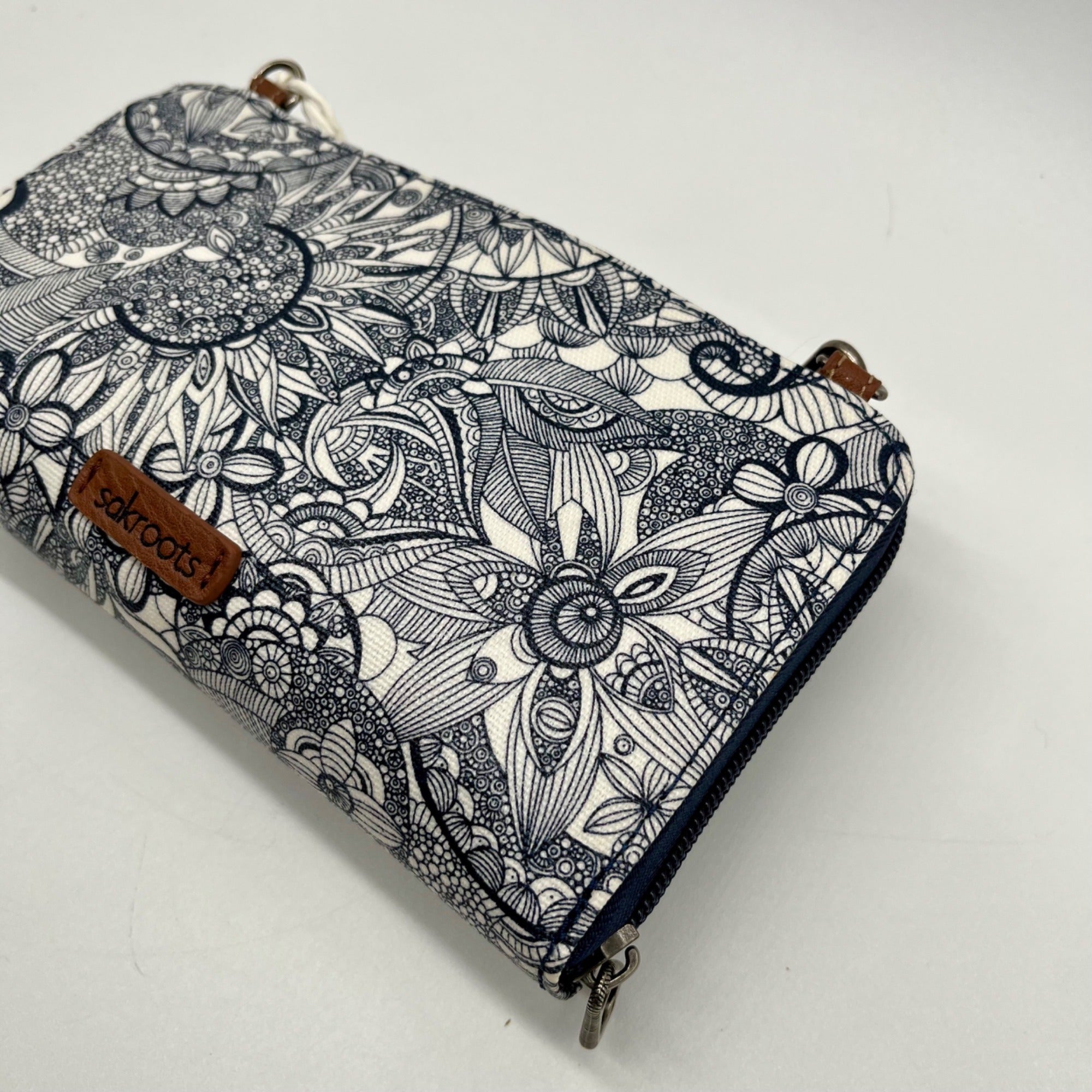 Sakroots Blue &amp; White Artist Circle Coated Canvas Large Smartphone Crossbody Bag