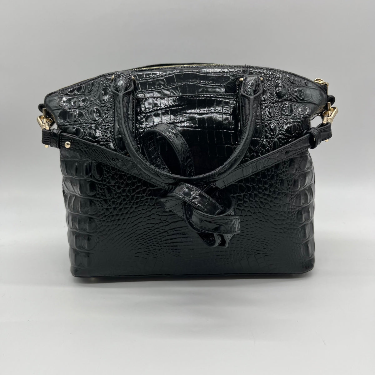 Brahmin Black Croc-Embossed Leather Convertible Satchel