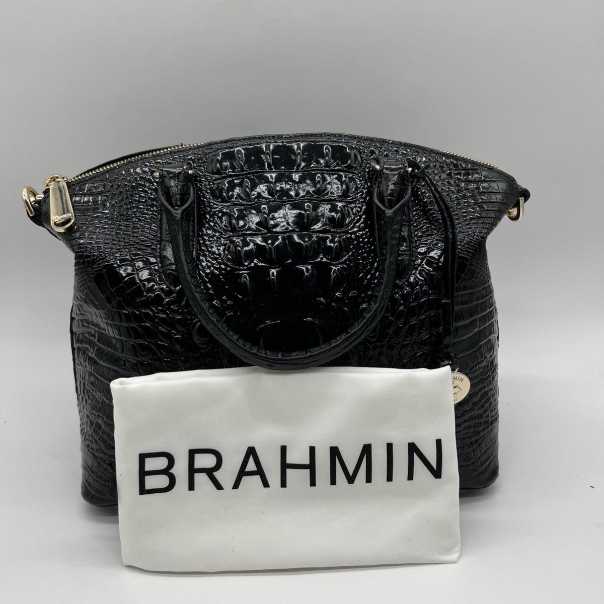 Brahmin Black Croc-Embossed Leather Convertible Satchel