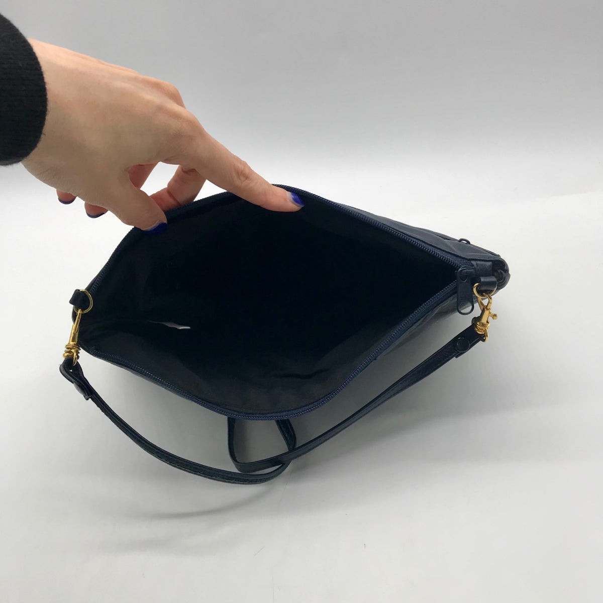 Dark Blue Leather Pleated Shoulder Bag