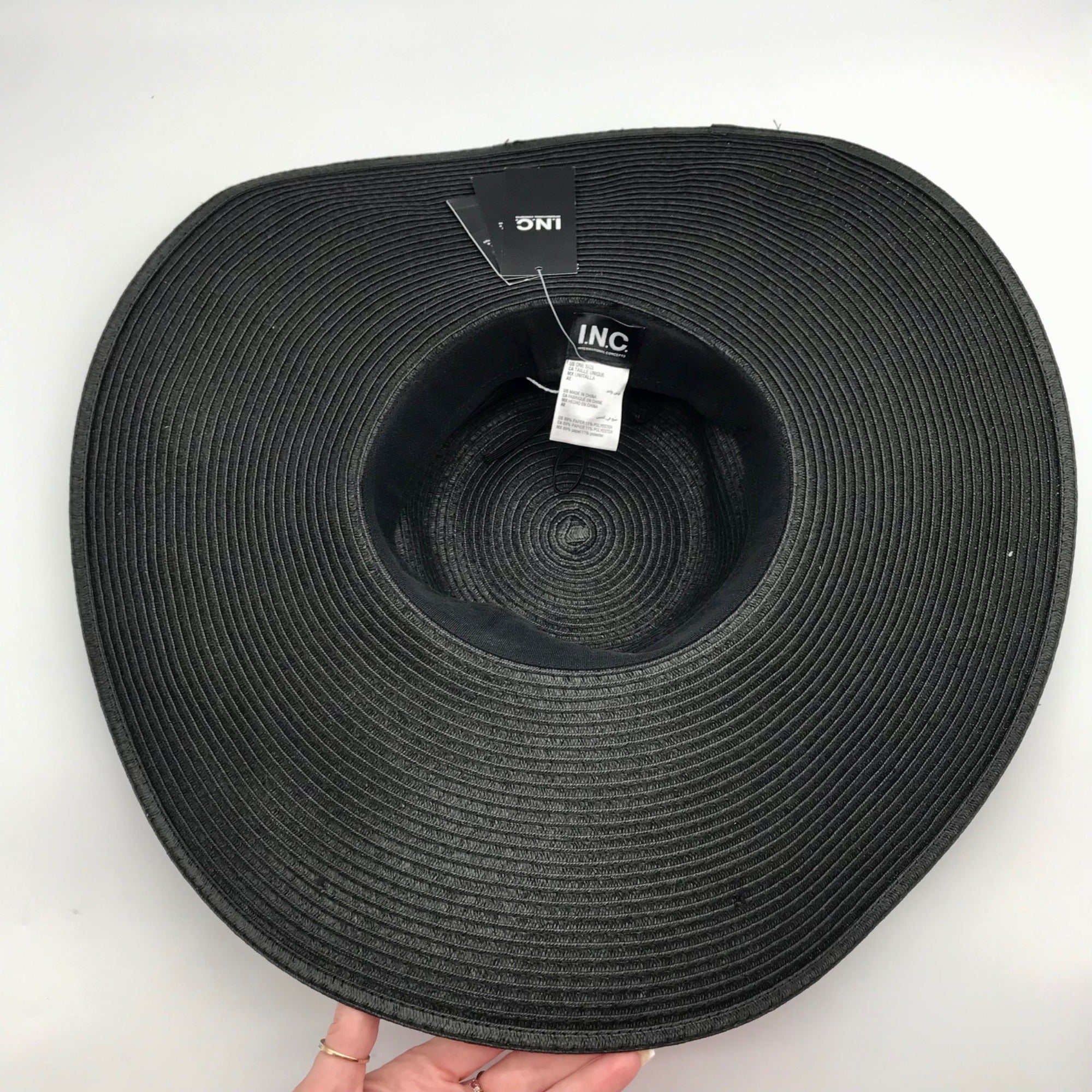 I.N.C. International Concepts Black Sun Hat With Decorative Shell Chain