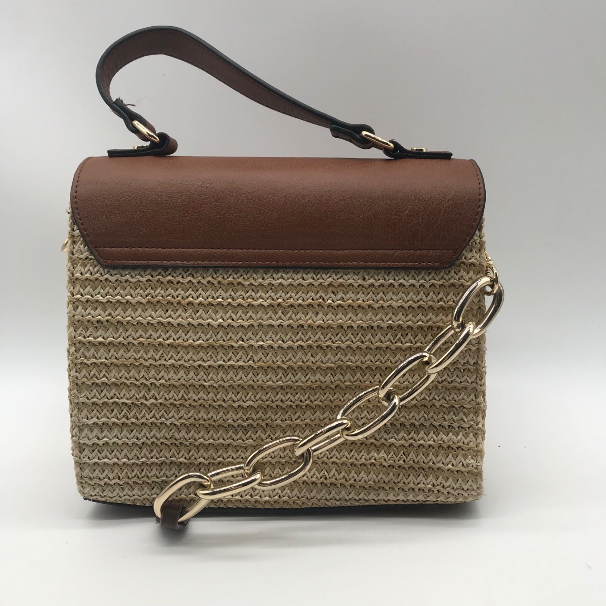 Dune London Chestnut Brown Straw &amp; Vegan Leather Raffia Shoulder Bag