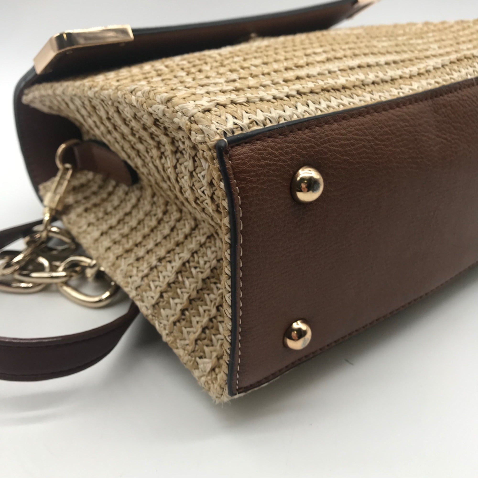 Dune London Chestnut Brown Straw &amp; Vegan Leather Raffia Shoulder Bag
